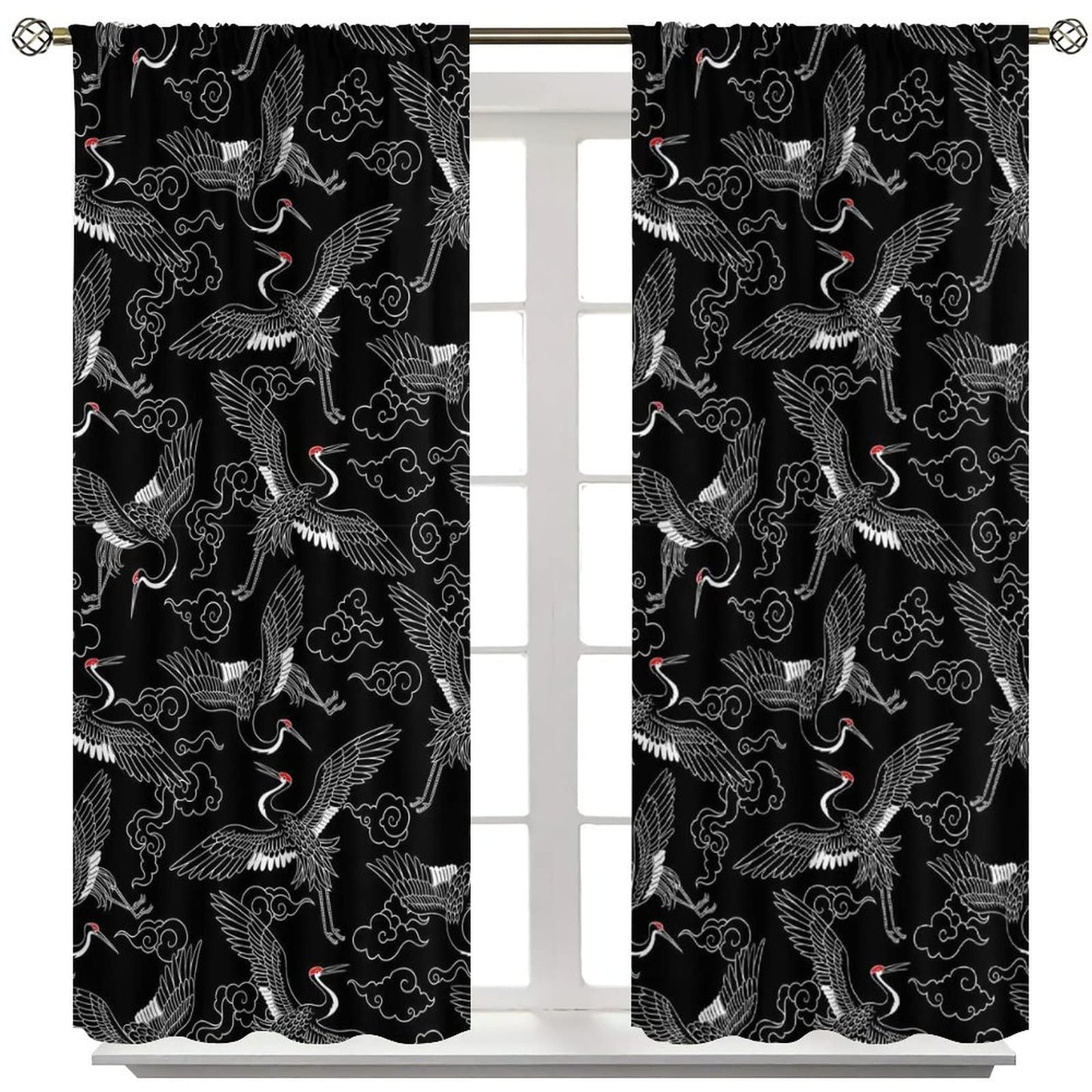 Japanese Style Curtains Fairy Wildlife Theme Crane Bedroom Rod Pocket Blackout Window Drapes 2 Panels Set 42x45in