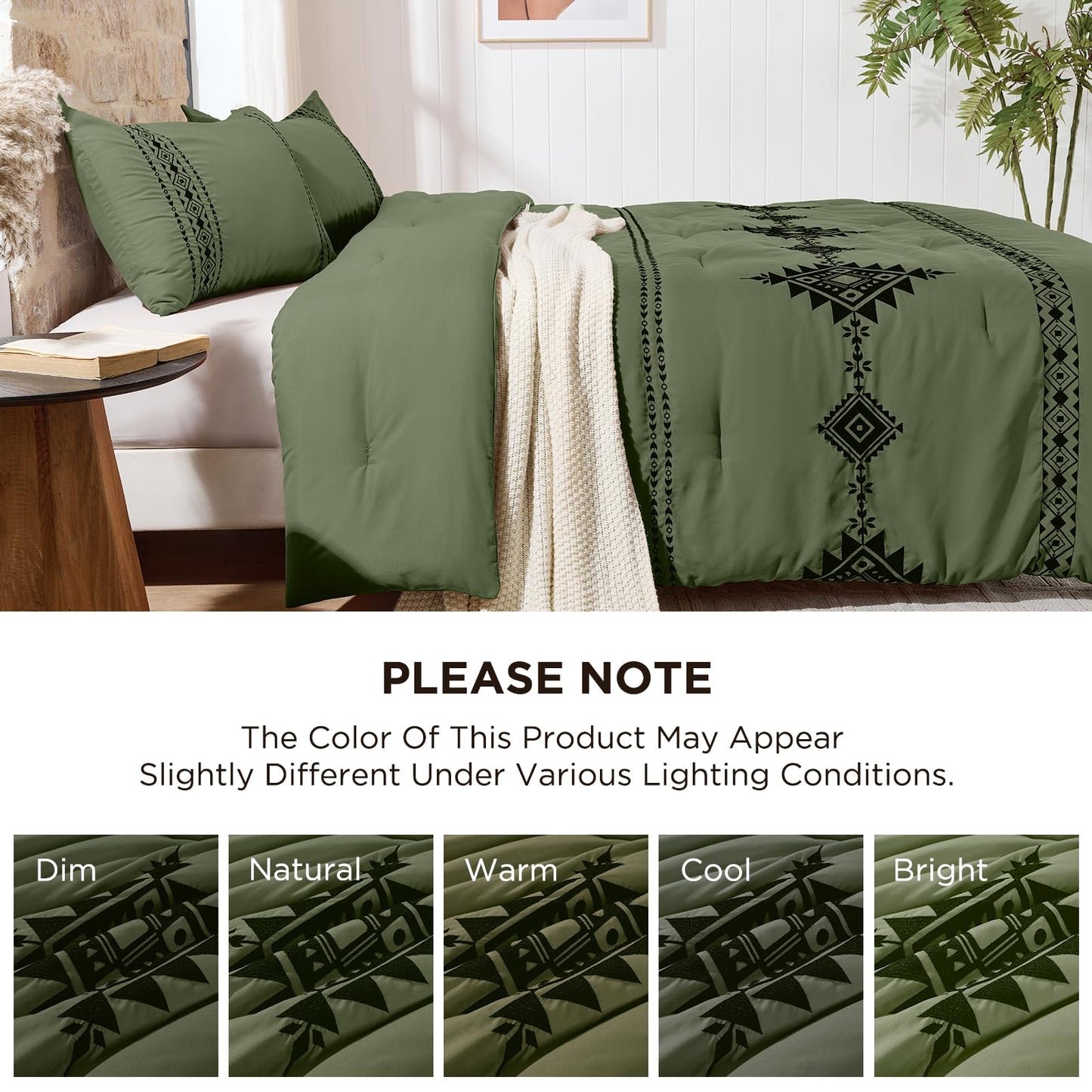 Baskbed Embroidered Boho Comforter Set Queen Size, 3-Piece Western Shabby Chic Bedding Set - Fluffy Ultra Soft Microfiber with Intricate Design, Includes 1 Green Comforter(88"x88") & 2 Pillowcases