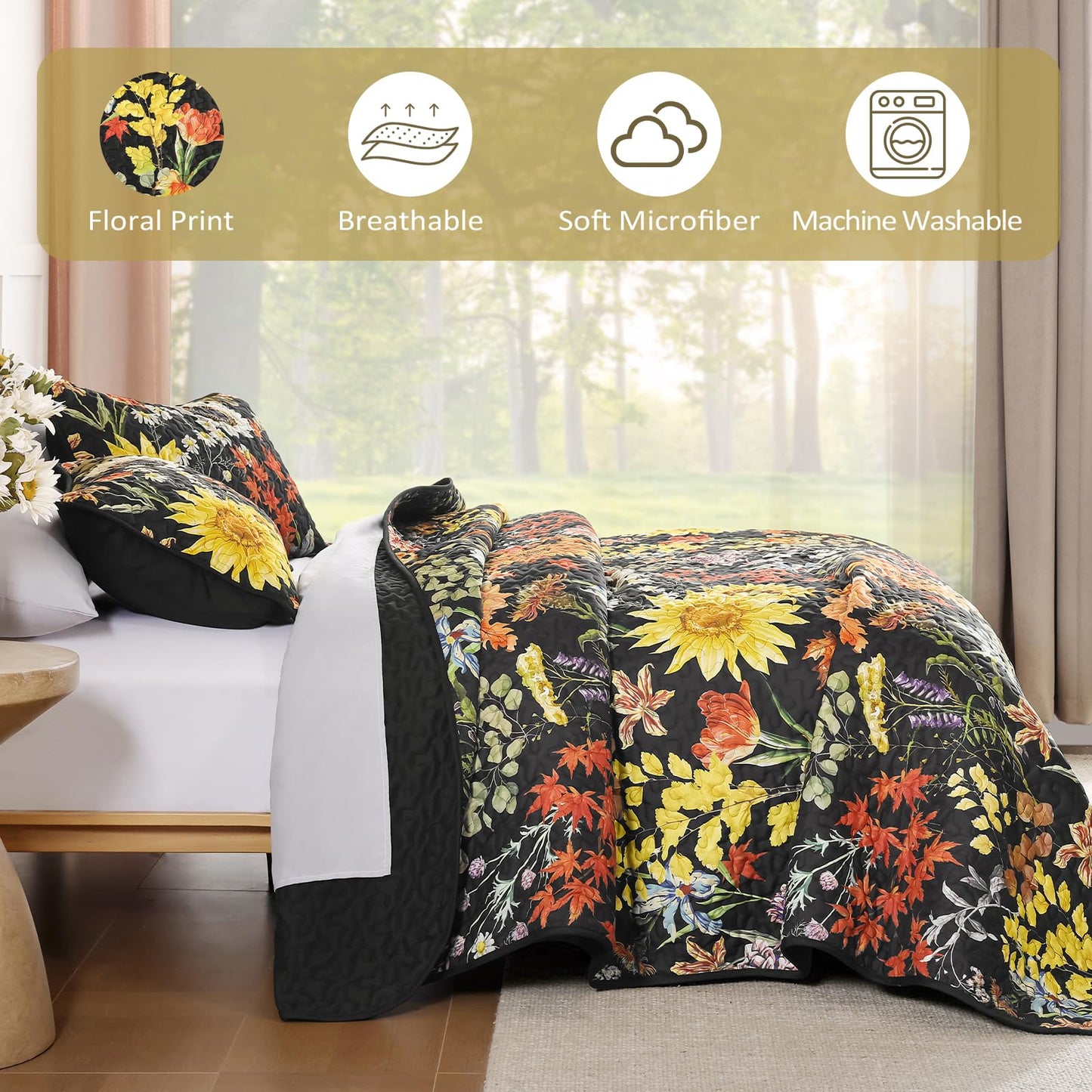 Yiran Quilt King Size, Black Yellow Floral Bedspreads Bedding Set, 3 Pieces Spring Summer Soft Lightweight Microfiber Coverlet with 2 Pillow Shams for All Season 106x90 Inch