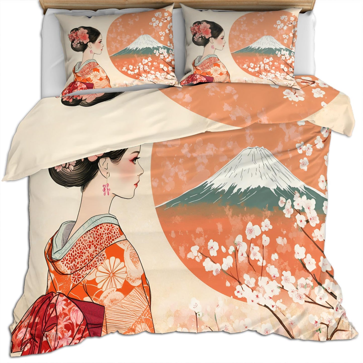 PAISUOQ Japanese Bedding, Japanese Girl Duvet Cover Full, Traditional Girl Comforter Cover with Zipper Ties, 3 Pieces with 2 Pillowcases, Home Decor & Gifts