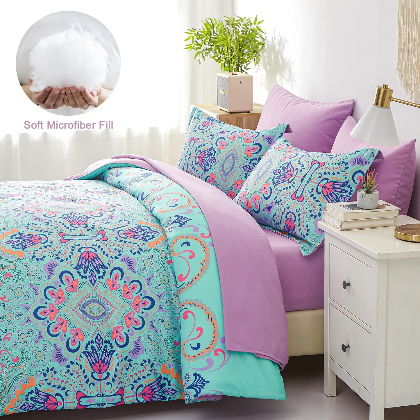 DHSFKBE Queen Comforter Set, 7 Piece Bed in a Bag, Boho Aqua and Lilac Damask Medallion Print Comforter with Sheets, Soft Microfiber Complete Bedding Set for All Season (Aqua, Queen)