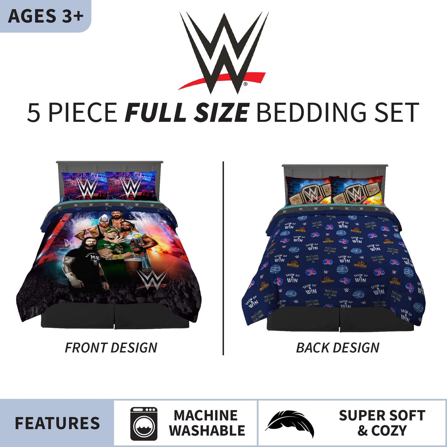 Franco Kids Bedding Super Soft Comforter and Sheet Set, 5 Piece Full Size, WWE