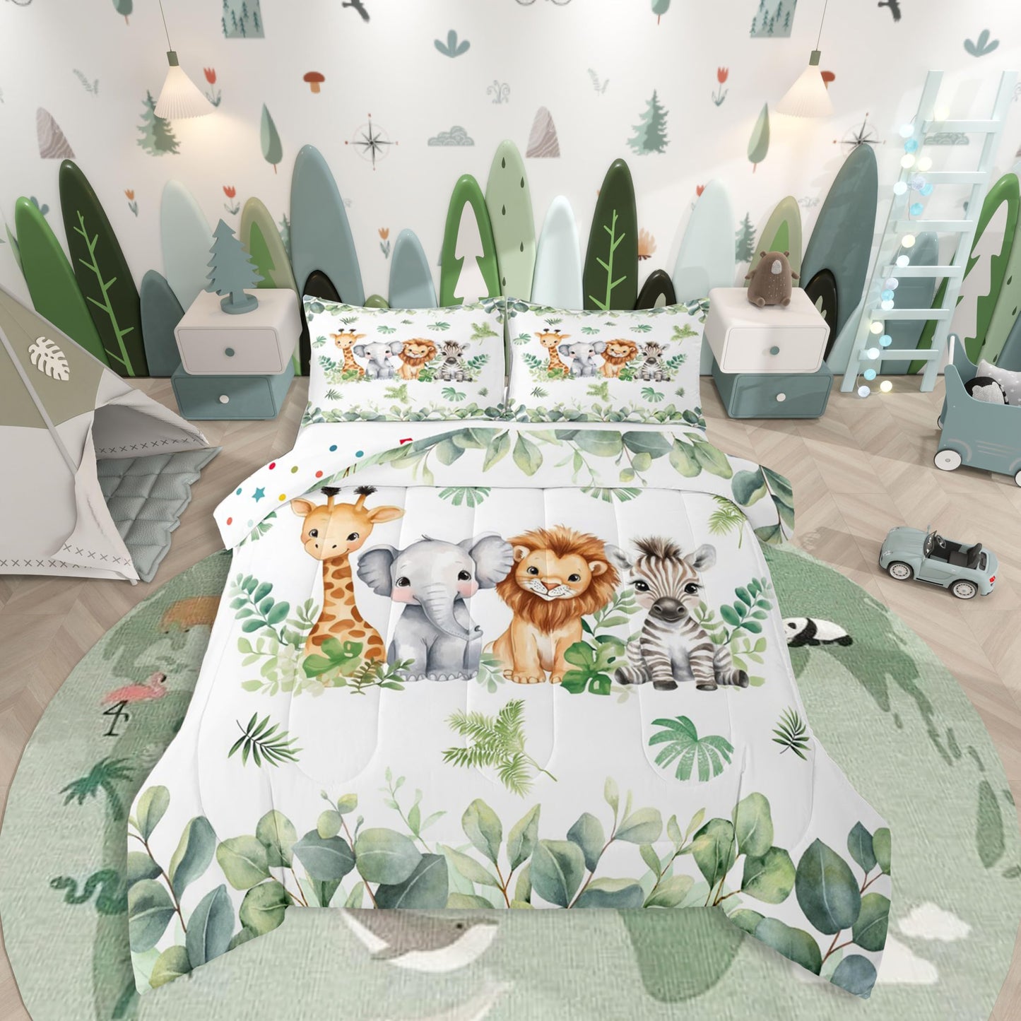 Erosebridal Jungle Animal Bedding Sets for Boys Nursery Giraffe Elephant Comforter Full Size for Kids Girls Baby Green Botanical Eucalyptus Palm Leaves Quilt Zebra Lion Safari Animal Duvet Insert