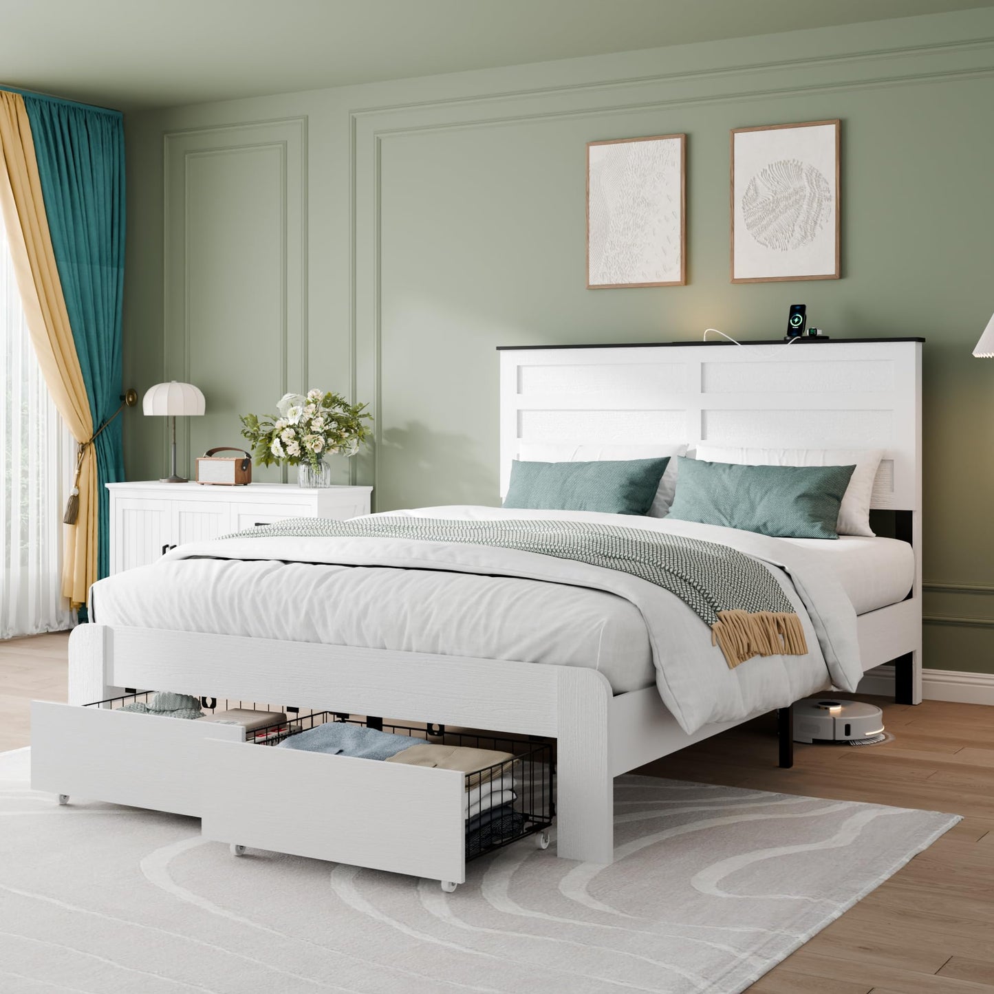 SAMTRA Wooden Bed Frame with Storage Drawers, LED Headboard & Charging Station, Wood Platform Bed Frame with Tall Headboard, No Box Spring Needed, Full Size, White