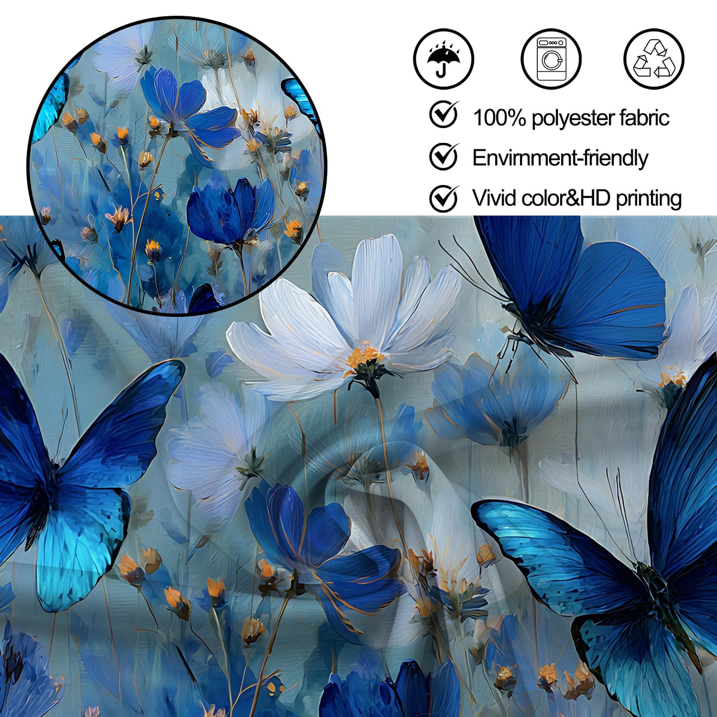THISFIND Shower Curtain, Blue Floral with Butterflies on Gradient Background Machine Washable Waterproof Fabric for Bathroom Decor Bathtub with 12 Hooks 72x72