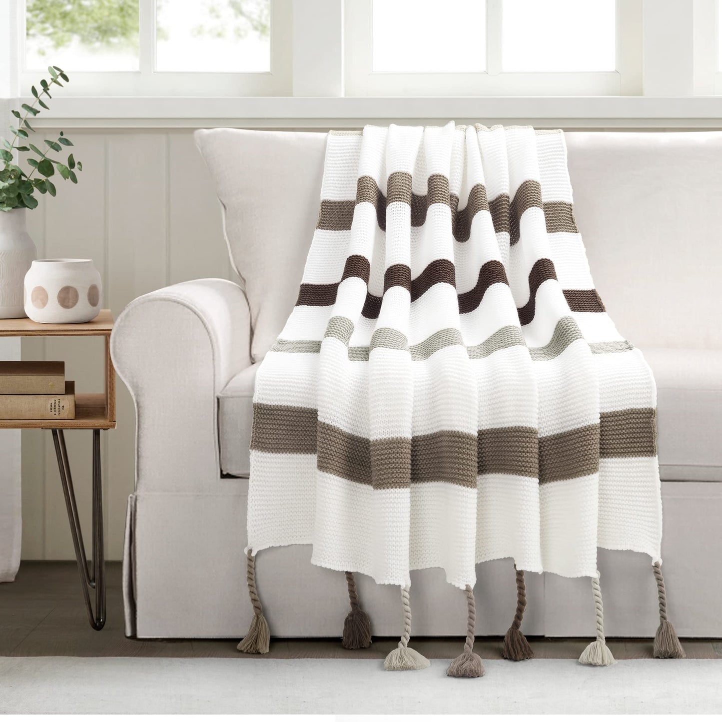Lush Decor Boho Knitted Braided Tassel Throw Blanket Single 50" W x 60" L Neutral - Striped Throw Blankets for Bed - Couch Blanket - Knit Blankets Brown