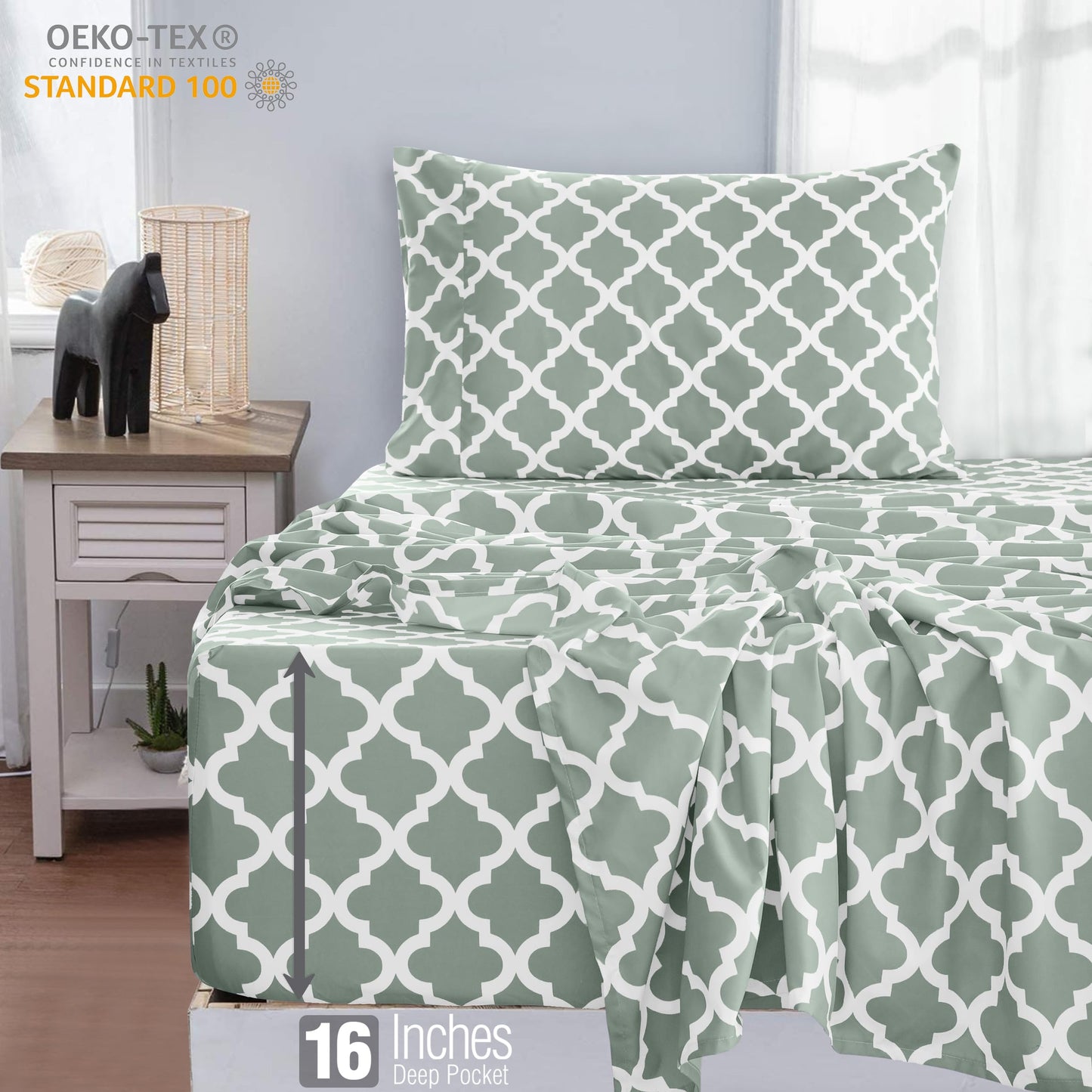 LUX Décor Quatrefoil Twin Sheet Set - 3 Piece Ultra-Soft Microfiber Bed Sheets with Flat Sheet, 16 Inches Deep Pocket Fitted Sheet & Pillowcases, Breathable, Bedroom Decor, Oeko-TEX - Grey White