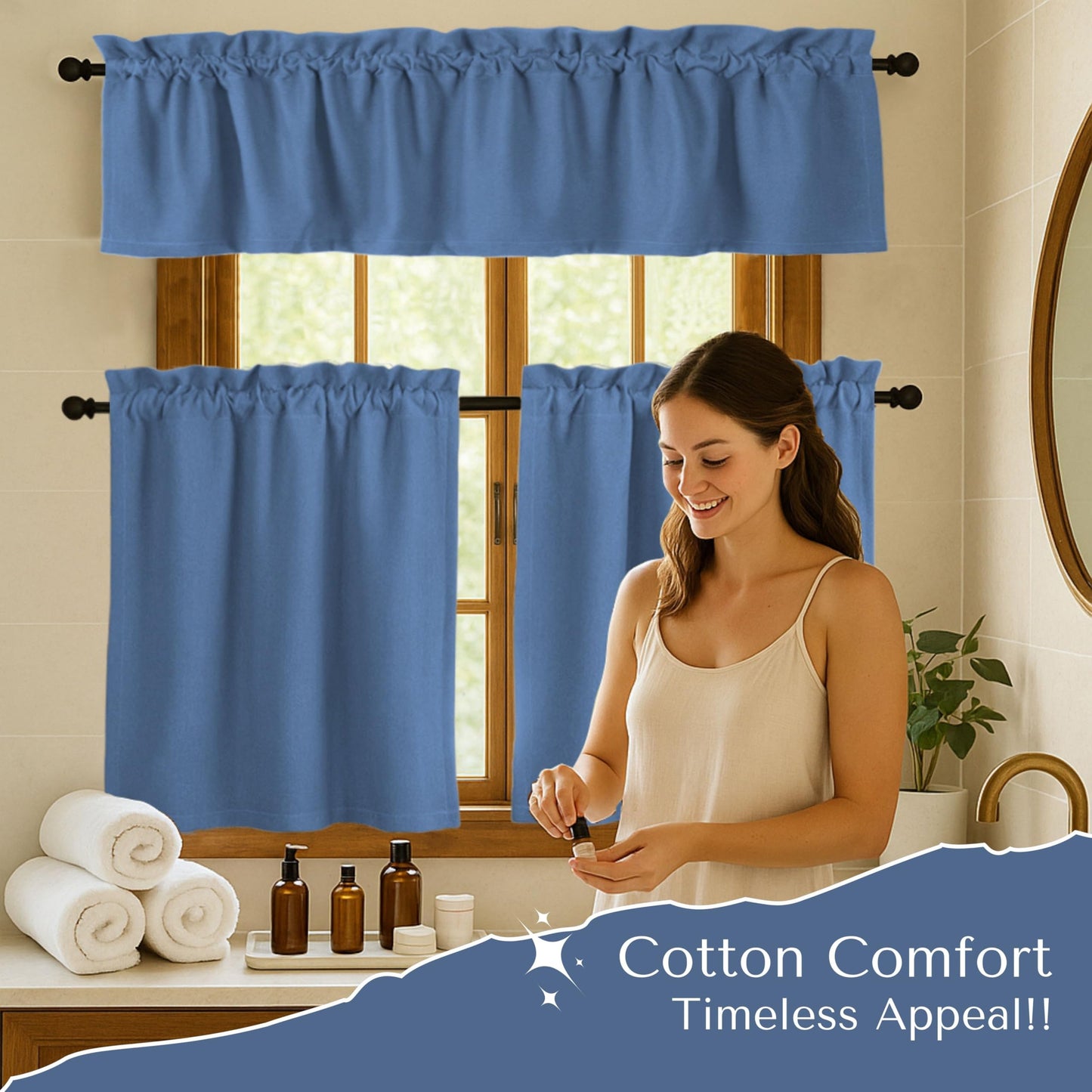 Native Fab 3 Piece Window Curtain Tiers 26"x36" and Valance 54"x18" Set - Rod Pocket - Semi Sheer - Short Curtain for Kitchen, Cafe, Living Room - Sky Blue