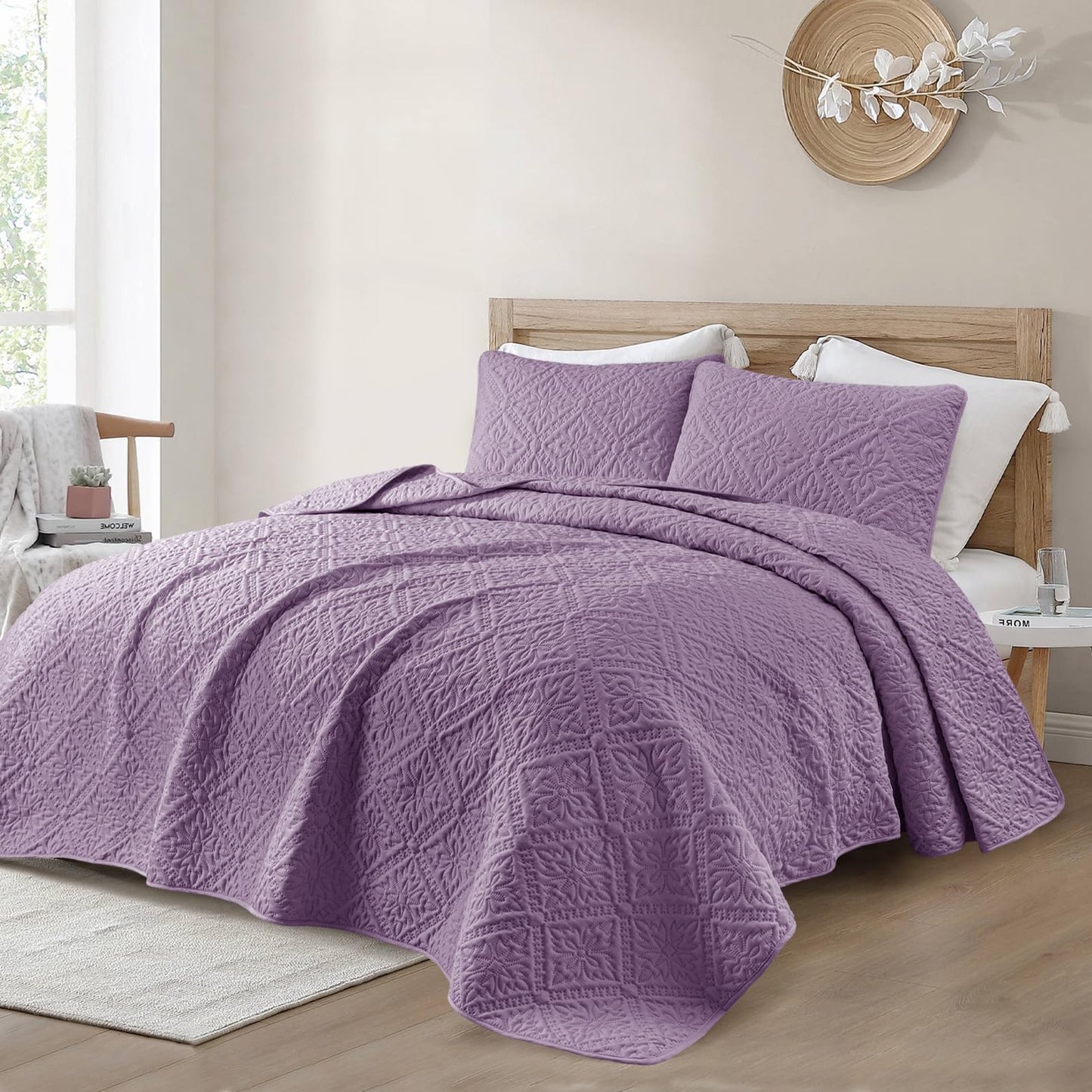 Exclusivo Mezcla King Quilt Bedding Set, Lightweight Soft Bedspreads Coverlets with 2 Pillow Shams, Modern Dusty Lavender Oversized Quilts King Size for All Seasons