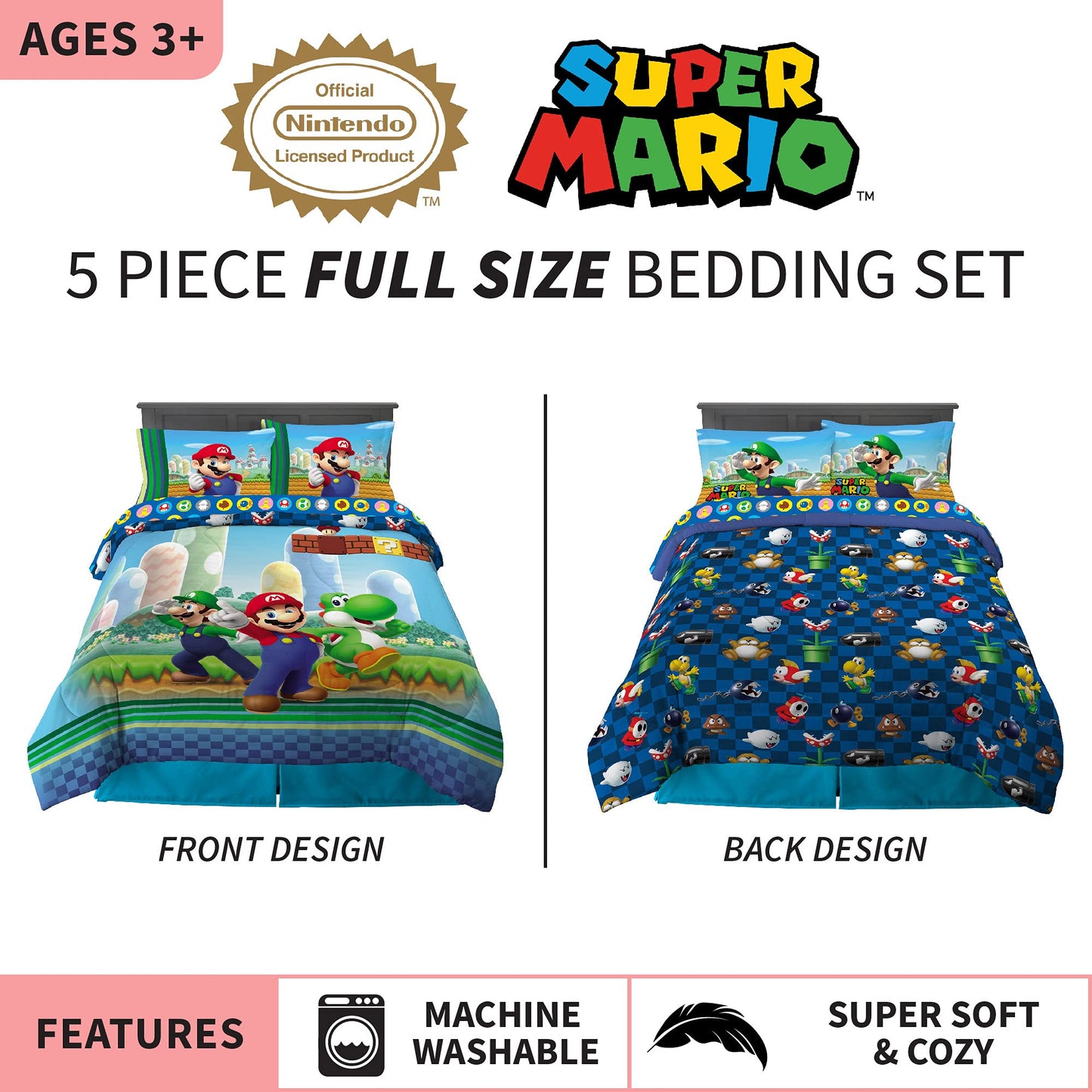 Super Mario Kids Full Size Bedding, 5 Piece Super Soft Cozy Reversible Comforter and Sheet Set, (Officially Licensed Product) By Franco