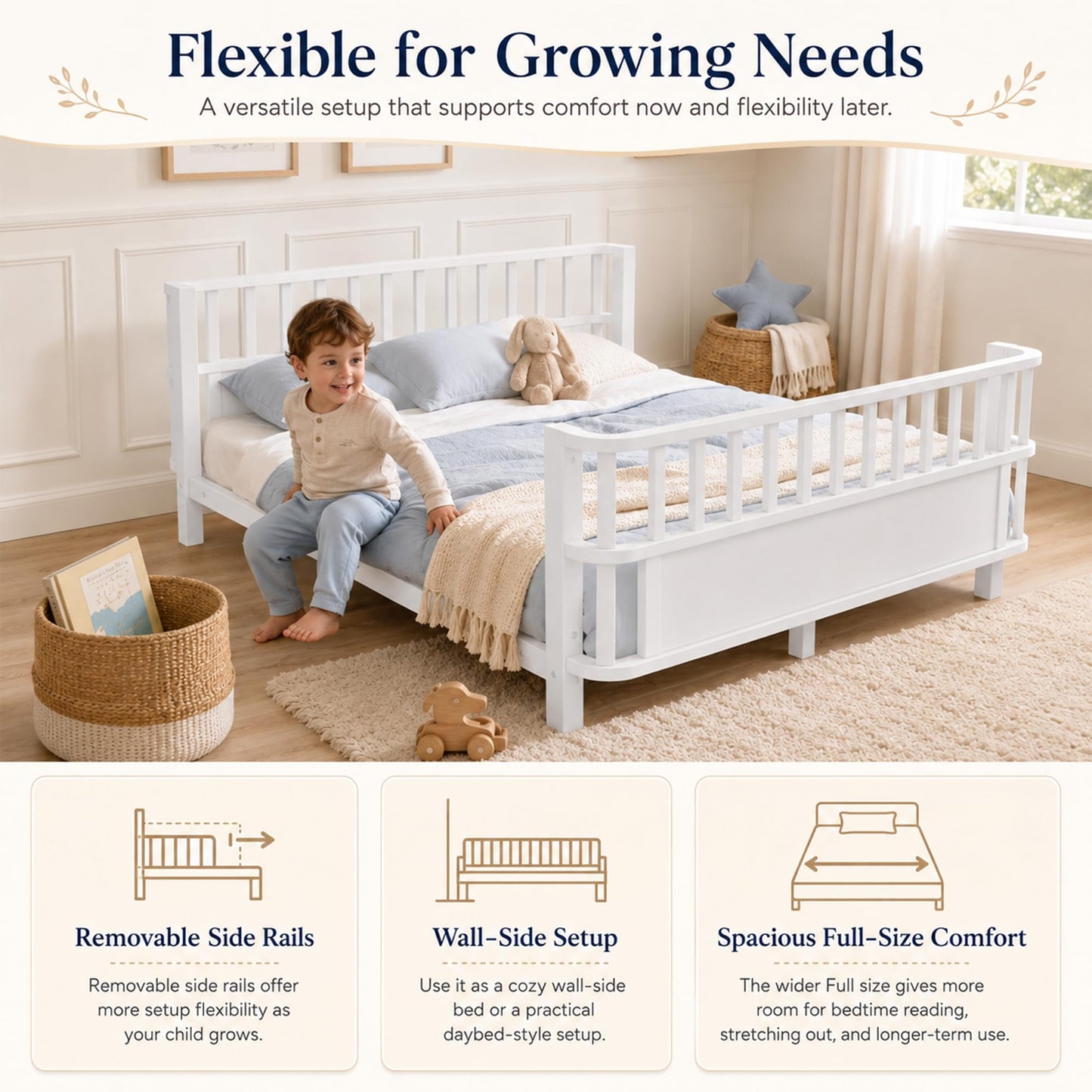 OYUMOENTS Full Size Bed Frame Kids, Metal Low Profile Montessori Bed Full with Removable Side Rails & Rounded Corner Design, Kids Daybed for Boys Girls, No Box Spring Needed, Easy Assemble, White