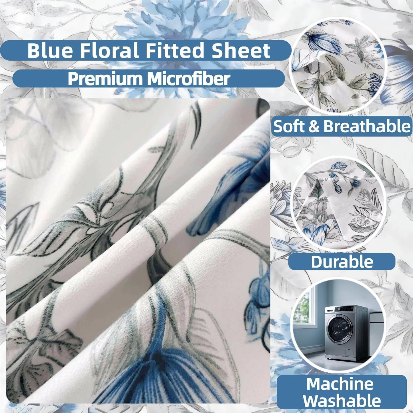 SDIII Blue Floral Full Fitted Sheet with 2 Pillowcases, Deep Pocket Soft Microfiber Full Size Bed Sheets Floral Blue All Season