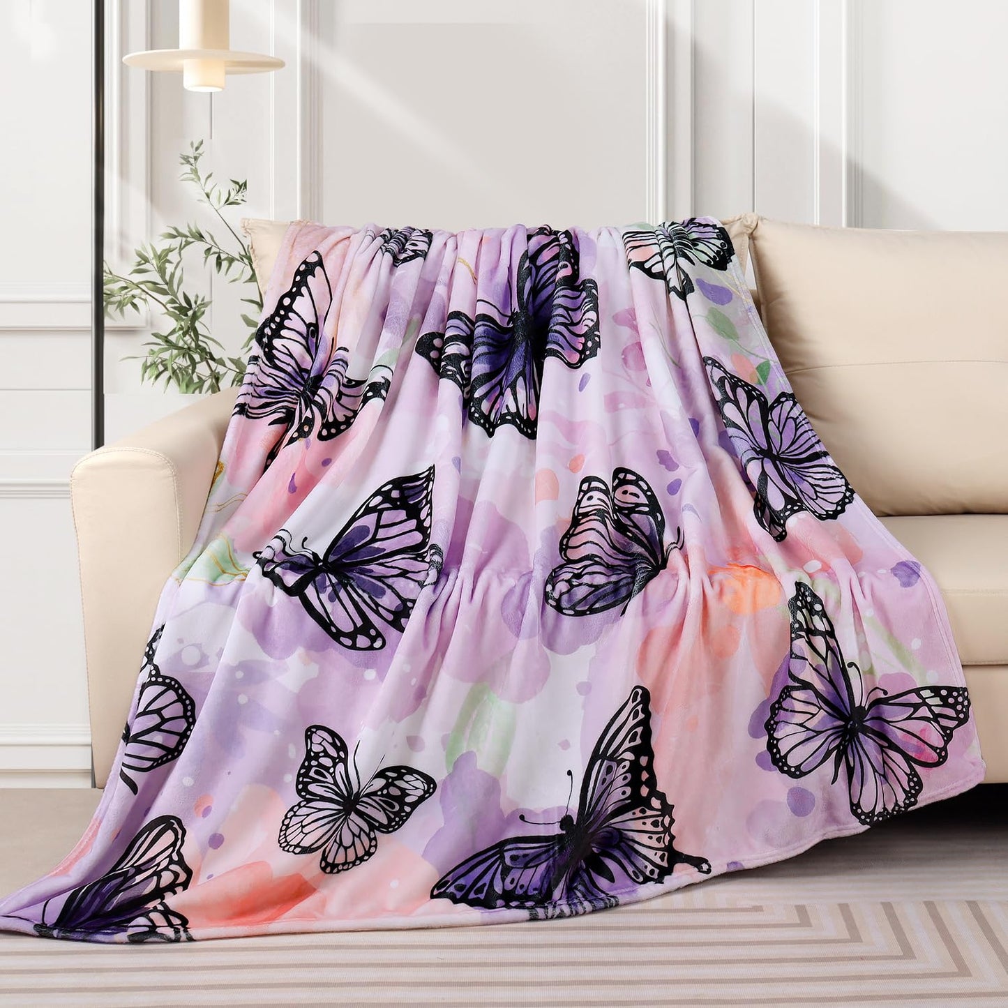 Butterfly Throw Blanket for Women Purple Butterflies Print Blanket Girl Gifts Blanket Soft Fuzzy Flannel Fleece Throw Blanket for Bed Couch 50” x 60”