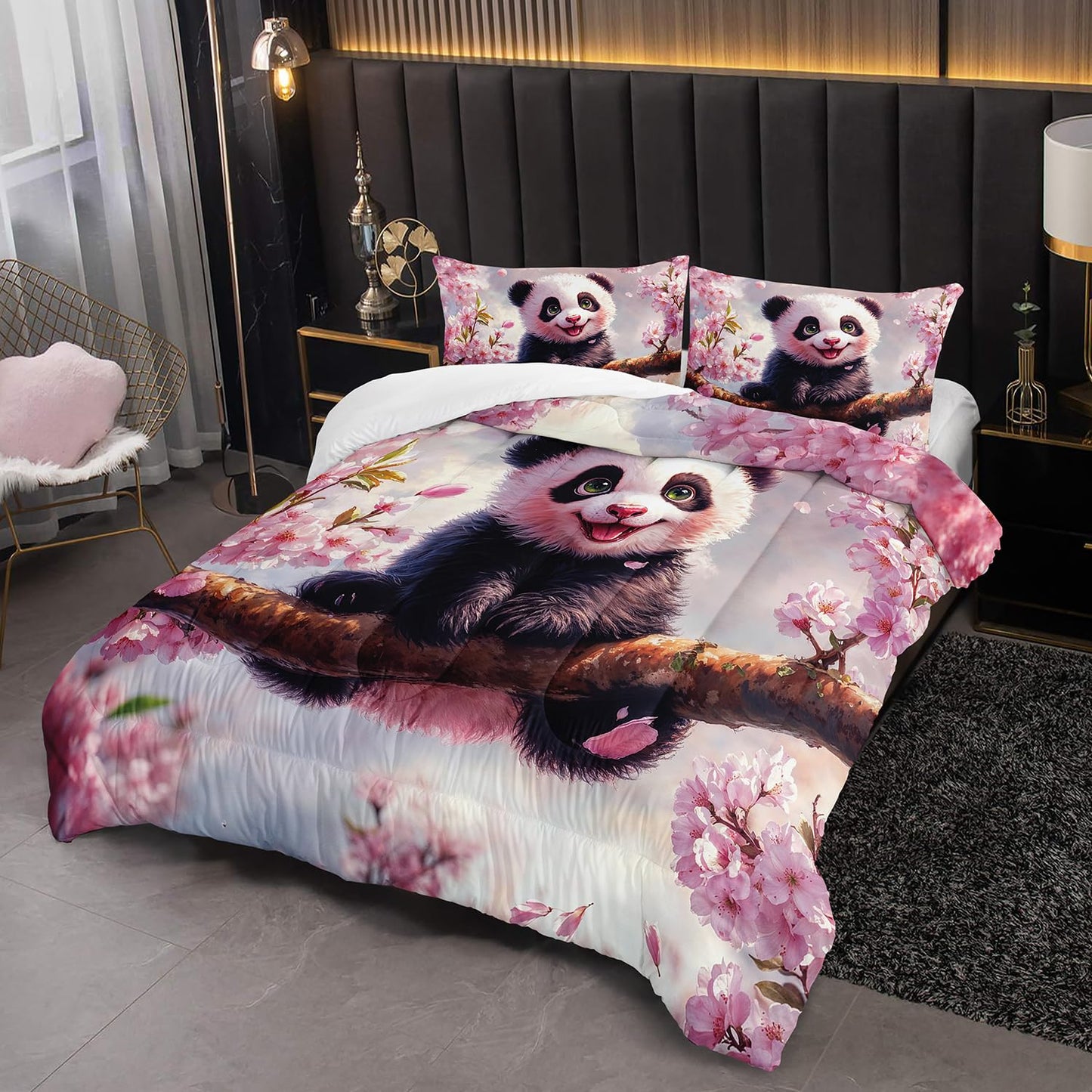 Kawaii Black White Panda Comforter 3Pcs Queen Wild Animal Bear Bedding Set
