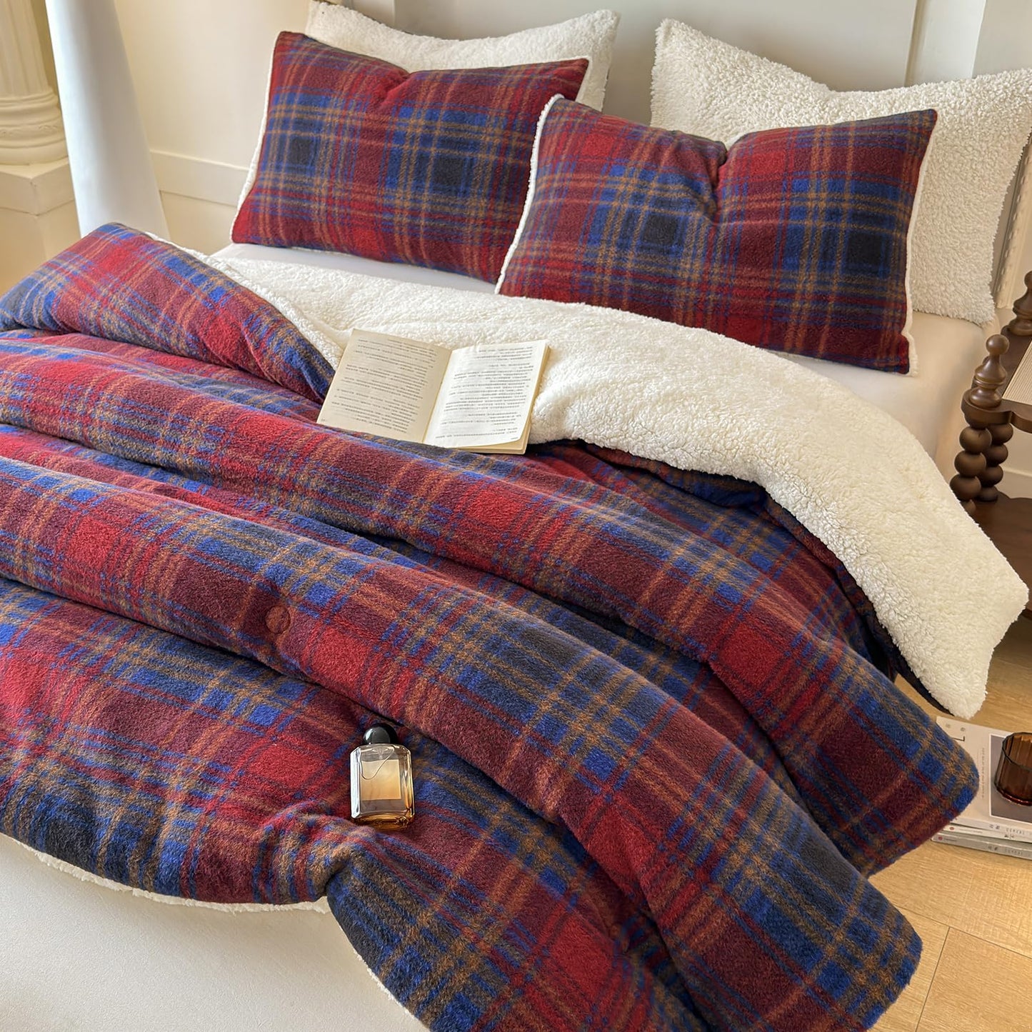 Cyusri Plaid Sherpa Comforter Set 2Pcs Fluffy Warm Fleece Down Alternative, Red Blue Grid Pattern Bedding Set with 1 Pillowcase, Twin Size 68"x90"