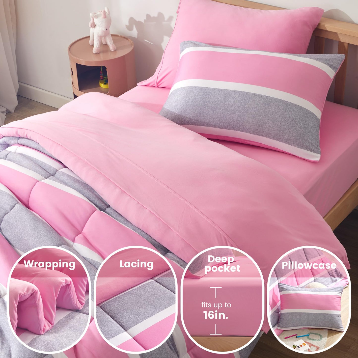 SLEEP ZONE Kids Comforter Set Full/Queen Size, Jersey Knit 7 Pieces Bedding, Super Soft and Breathable Comforter with Sheets, Pillowcases (Pink Grey Stripe)