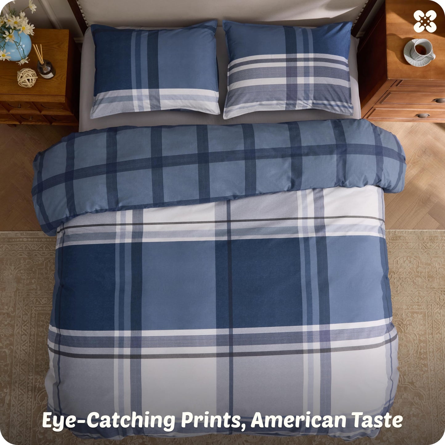 Bedsure Plaid Duvet Cover Queen Size - 100% Cotton Reversible Classic Navy Checkered Pattern Duvet Cover Set, 3 Pieces Soft & Breathable PureWoven Bedding Set with 2 Pillow Shams (Navy Plaid 90"x90")