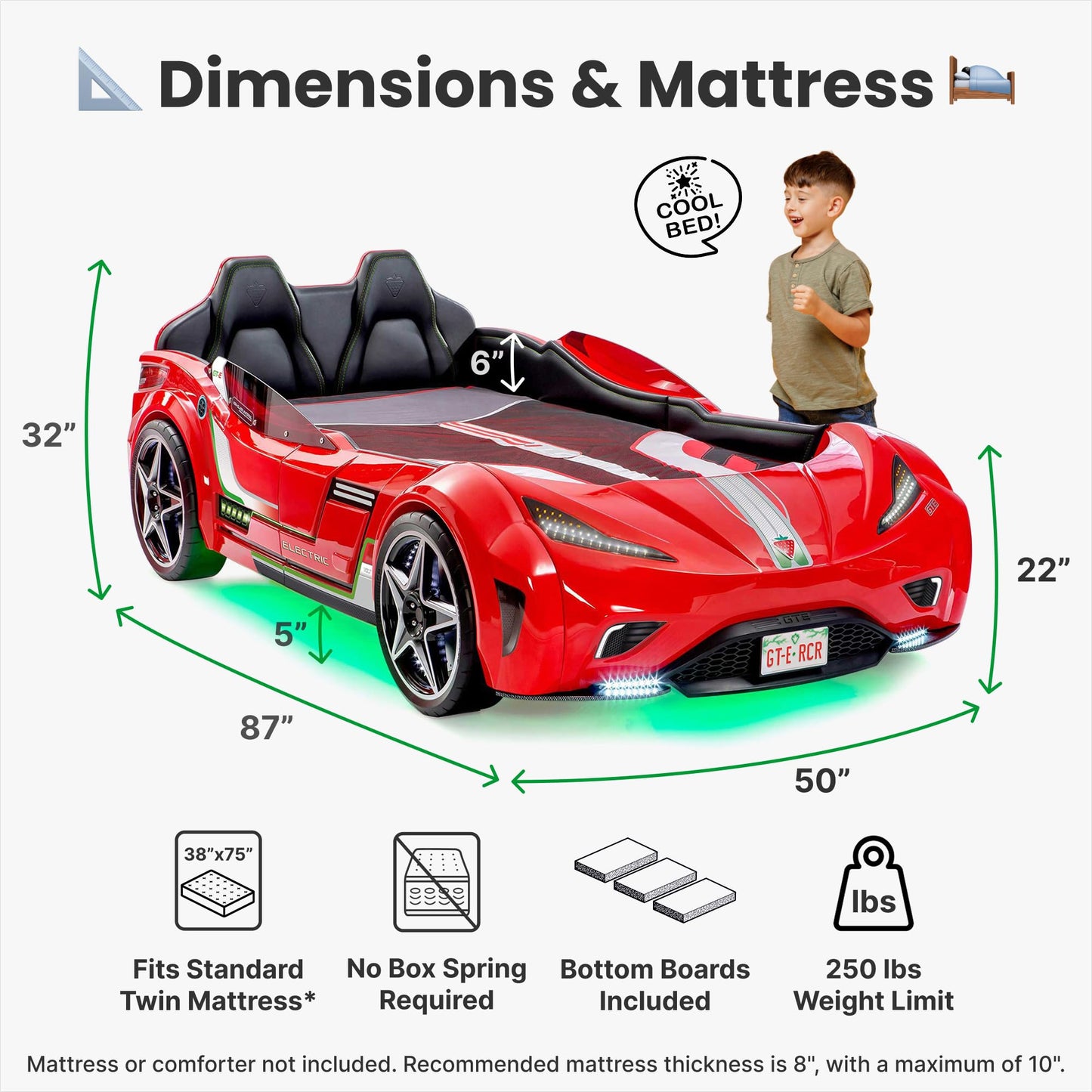 Cilek GTS EV Twin Kids Race Car Bed with Remote Control, LED Lights & Sounds, Vegan Leather Headboard, Guardrails, Non-Toxic, Fits Twin Mattress, Red
