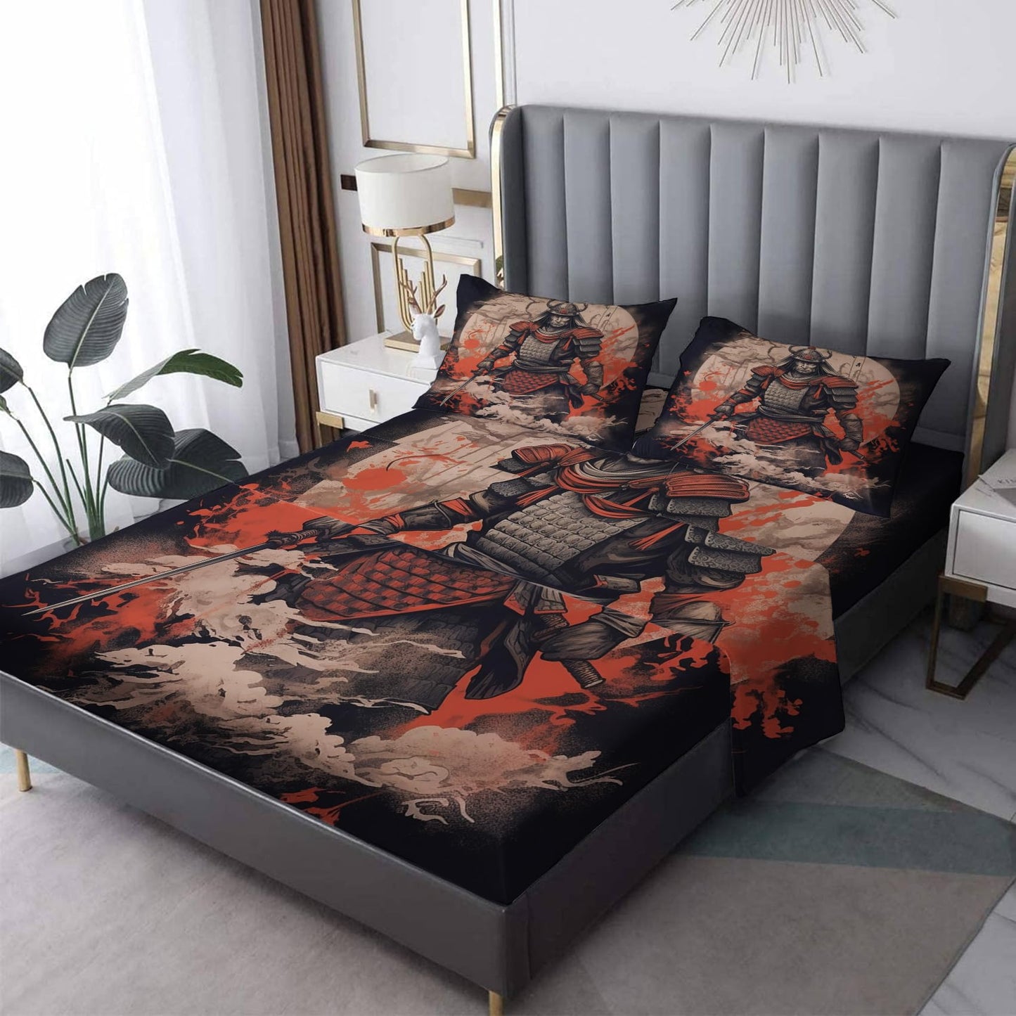 King Size Sheets Set - Japanese Samurai Bed Sheets, Asian Bedding Sheets & Pillowcases, Soft Microfiber & Deep Pocket & Wrinkle Free Patterned Sheet Set, 1 Fitted Sheet, 1 Flat Sheet, 2 Pillow Cases