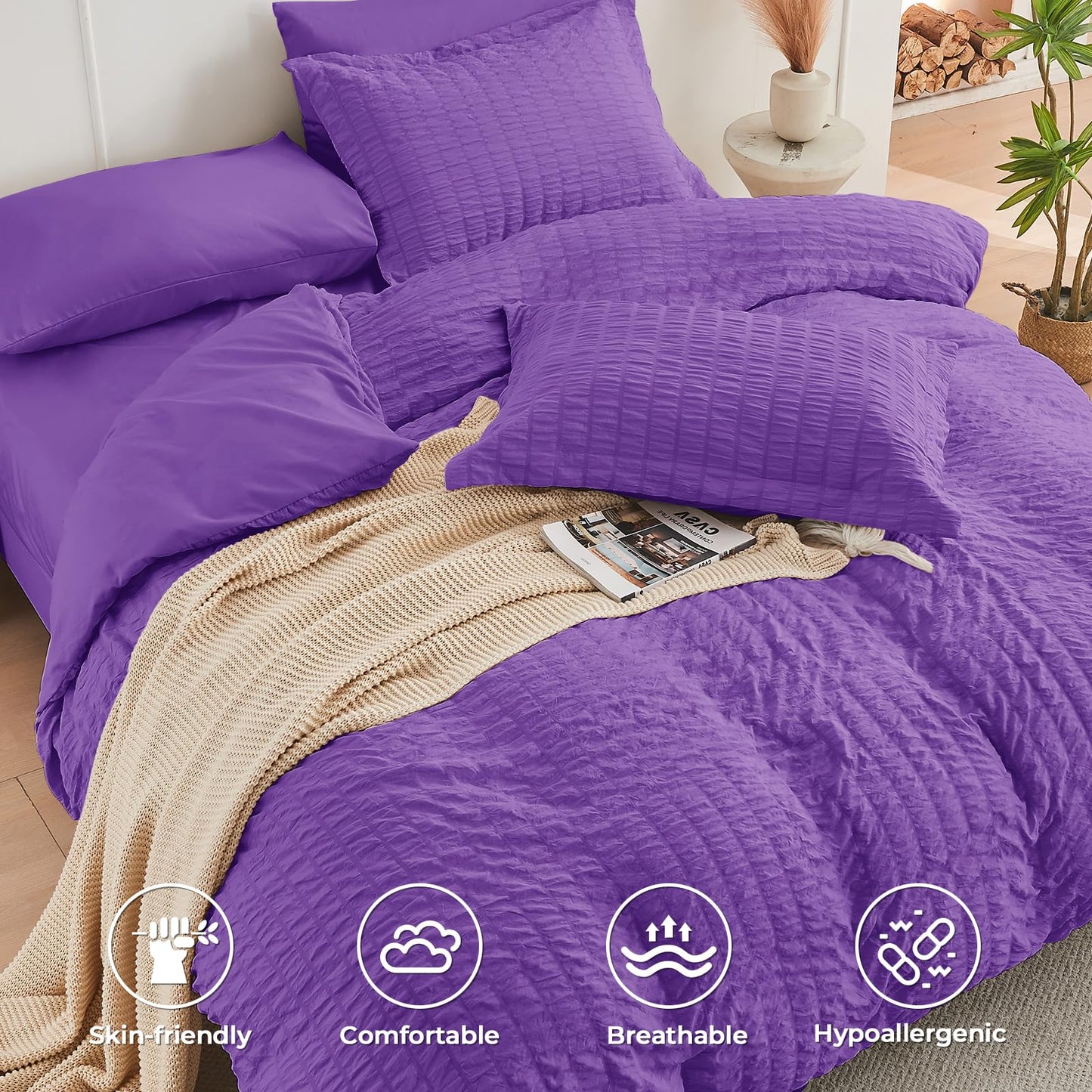 HYMOKEGE Bright Purple Twin Comforter Set Seersucker 5 Pieces, All Season Luxury Bed in a Bag for Bedroom, Bedding Set with Comforter, Sheets, Pillowcase & Sham