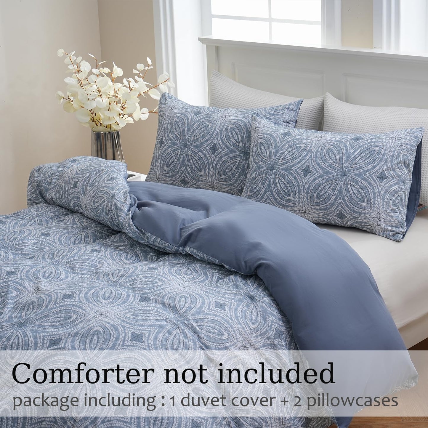 Zusbest Duvet Cover King Flannel-Like for Extra Soft 100% Cotton Reversible Grey Navy Blue Modern Bedding, Patterned Bed Cover Luxury Classic Printed Zipper Comforter Cover Set 3 Pieces- No Filling