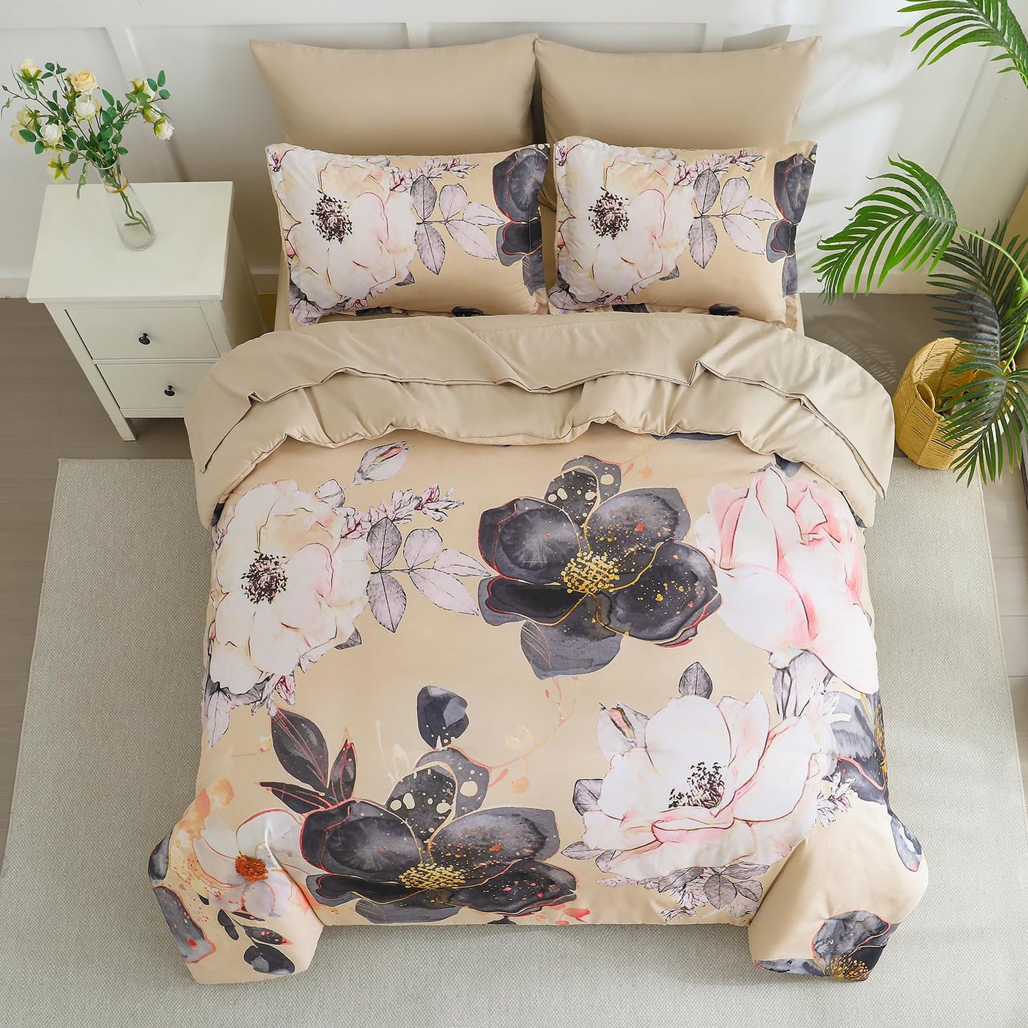 Yogeneg Queen Comforter Set 7 Piece Bed in a Bag,White Black Floral Botanical Pattern Khaki Bedding Set,Soft Microfiber Comforter with Sheet Set,All Season Bed Set(Khaki,Queen)