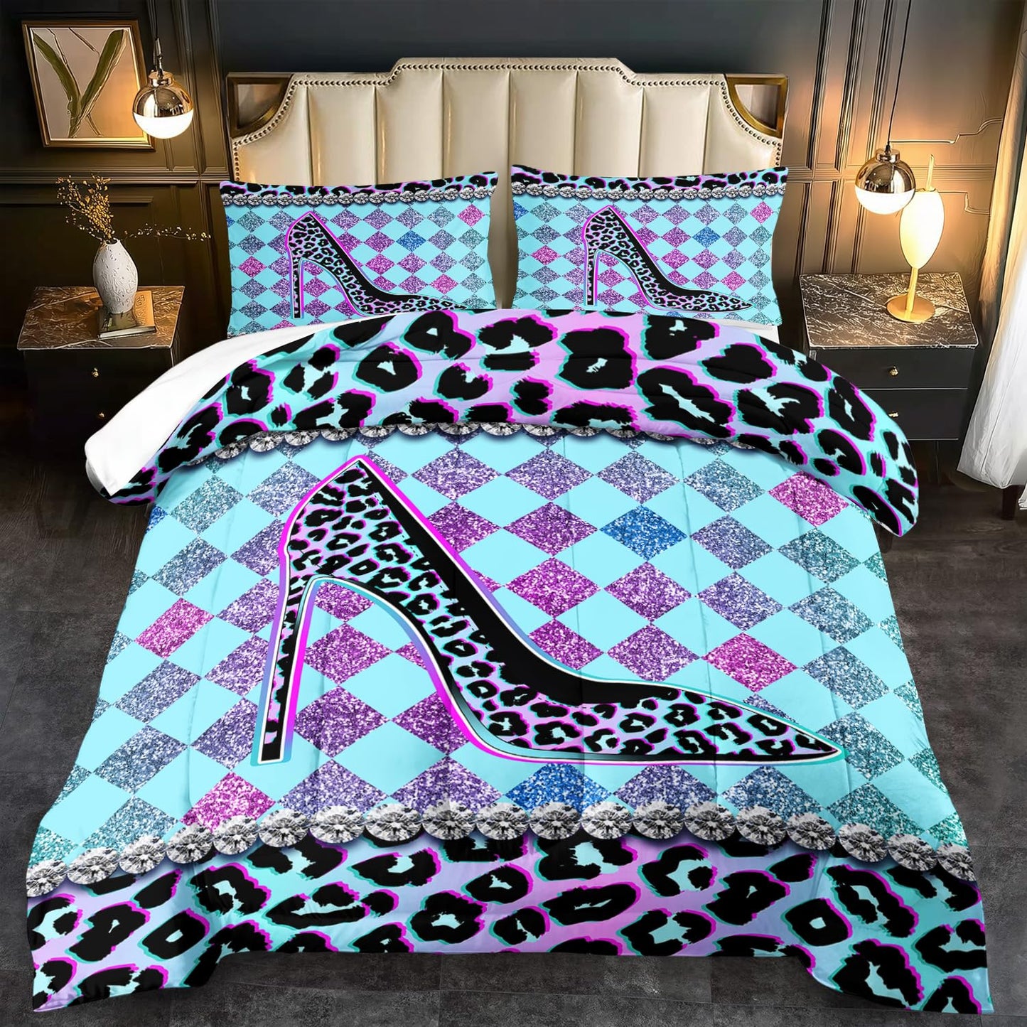 llyxsesty Rainbow Cheetah Print Comforter Set King Girls Sexy High Heels Leopard Print Bedding Set Women High Heels Leopard Comforter Quilt Bedroom Decor Animal Cheetah Bedding Bed Decor