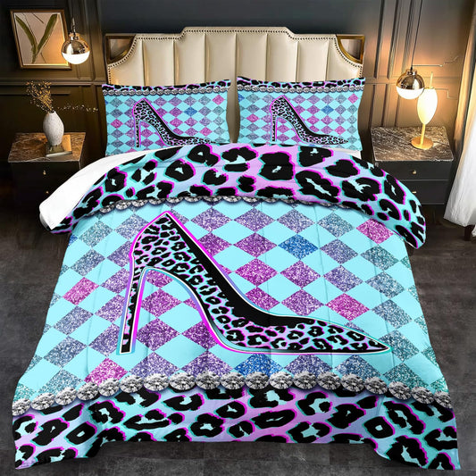 llyxsesty Rainbow Cheetah Print Comforter Set King Girls Sexy High Heels Leopard Print Bedding Set Women High Heels Leopard Comforter Quilt Bedroom Decor Animal Cheetah Bedding Bed Decor