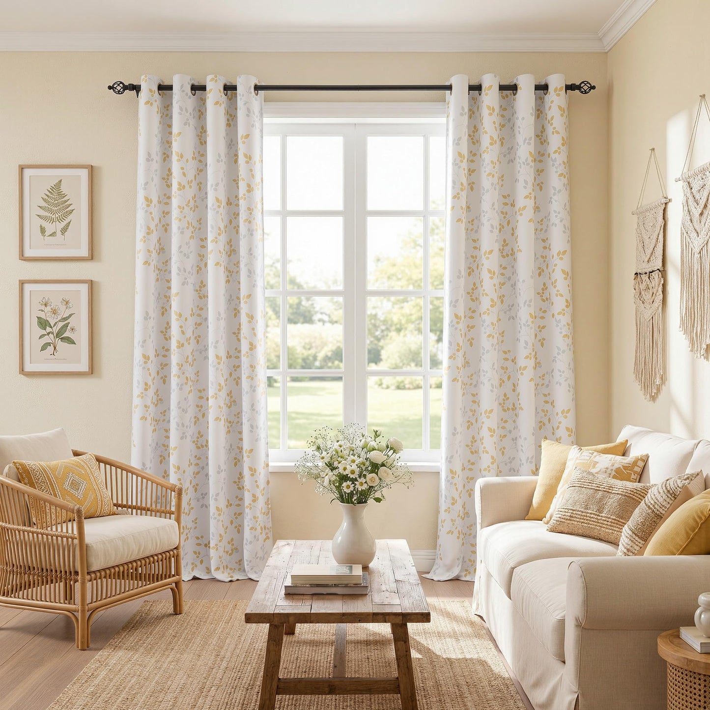 MEETSKY 95% Blackout Yellow Curtains 84 Inches Long 2 Panels Set - Leaves Printed Curtains for Living Room, Grommet Thermal Insulated Drapes, Light Blocking Window Curtain for Bedroom (52''W x 84" L)