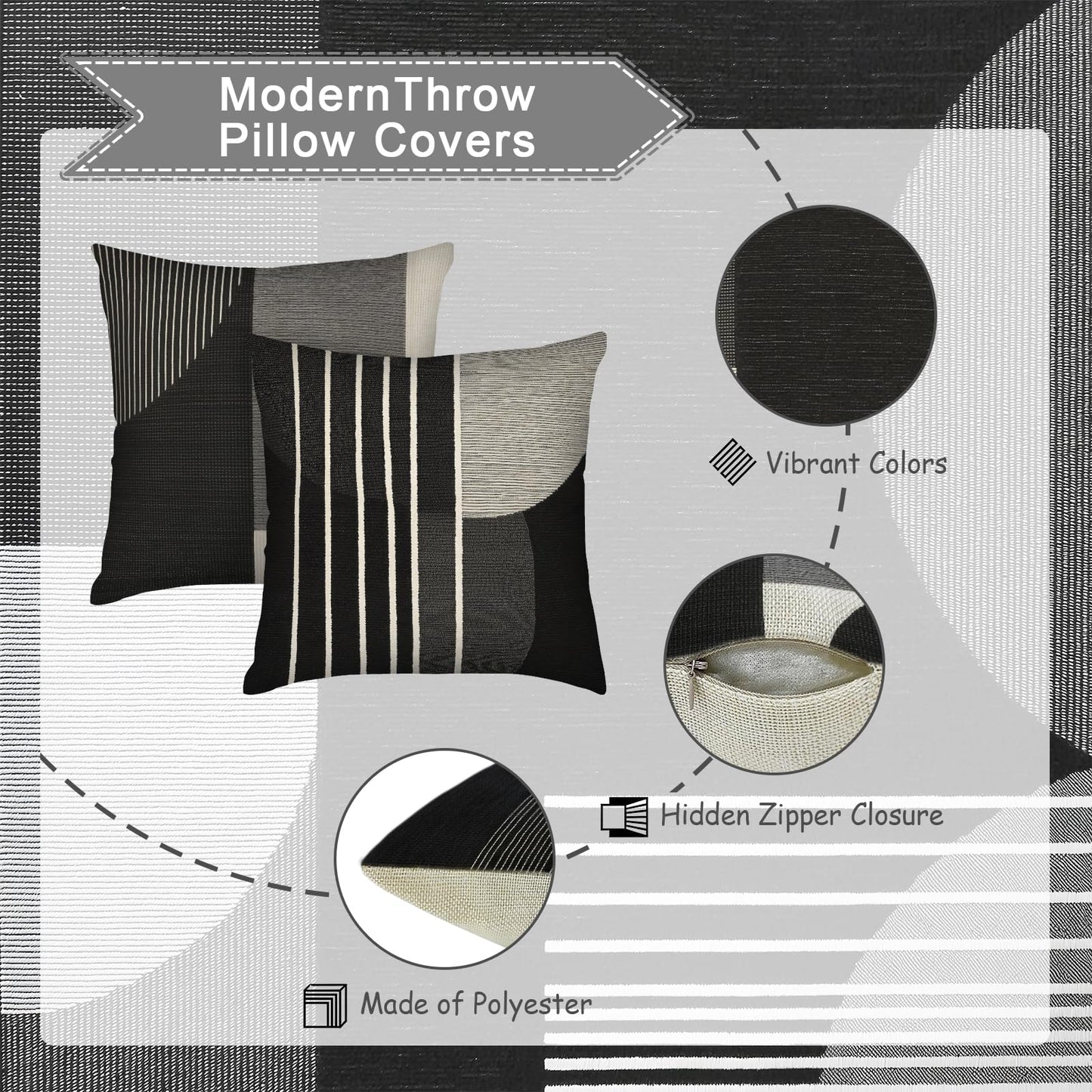 pazzocenter 18X18 Pillow Cover Set of 4，Modern Abstract Throw Pillow Covers, Black White Gray Geometric Decorative Cushion Covers, Minimalist Throw Pillow Cases for Sofa Couch Bed Living Room