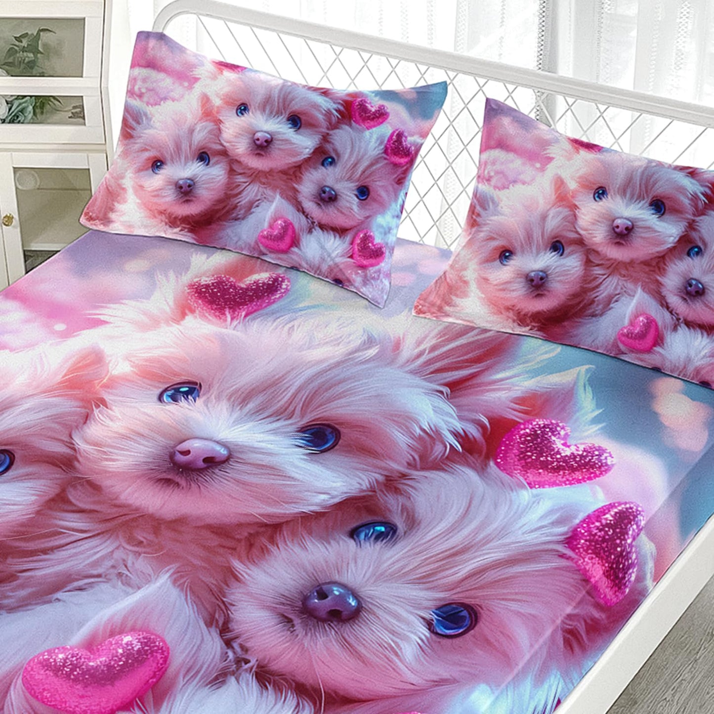 AILONEN Cute Dogs Fitted Sheet Set Twin Size - Kawaii Pink Puppy Bedding Bet for Kids Teen Girls - Lovely 3D Pet Animals Bed Sheet with 2 Pillowcases - 3Pcs