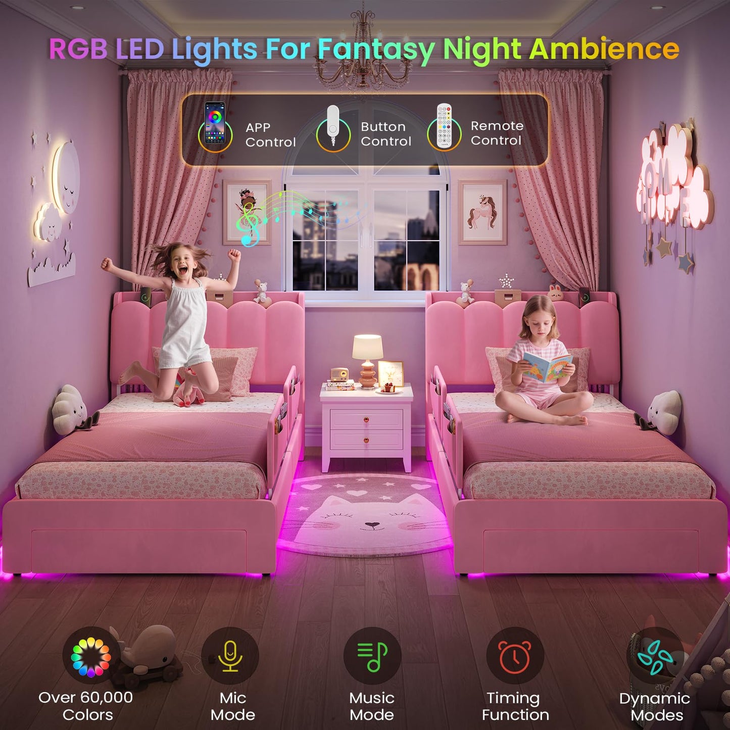 DICTAC Twin Size Princess Bed Frame with Storage Drawer and Safety Guardrails, LED Velvet Upholstered Platform Bed for Girls with Wavy Storage Headboard,Charging Station,Heavy Duty Metal Support, Pink