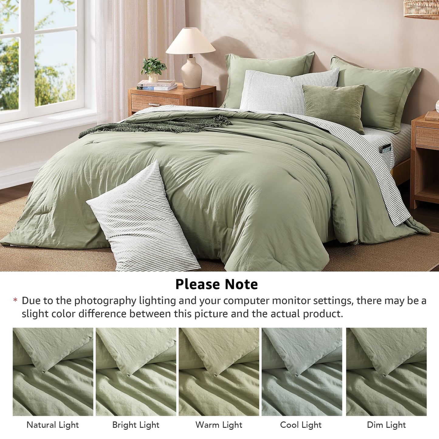 Monbix Queen Comforter Set - 7 Pieces Green Prewashed Bed in a Bag Queen Bedding Sets with Comforters, All Seasons Ultra Soft Comforter Bed Set with Sheets,Pillowcases & Shams