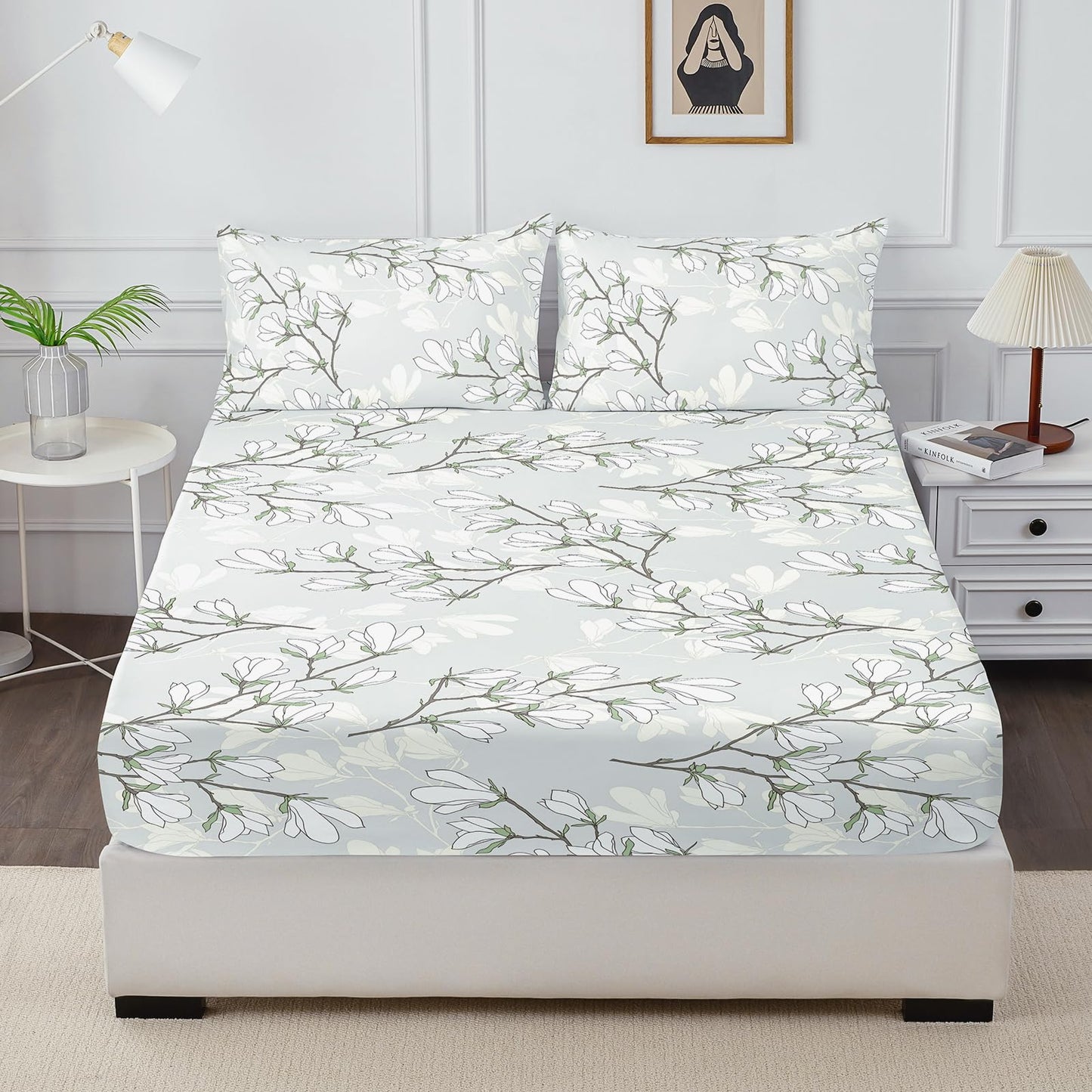 HCORA Floral Fitted Sheet with Pillow Cases, 100% Brushed Microfibre Deep Pocket Fitted Bottom Sheet, Ultra Soft, Shrinkage and Fade Resistant, Full Size