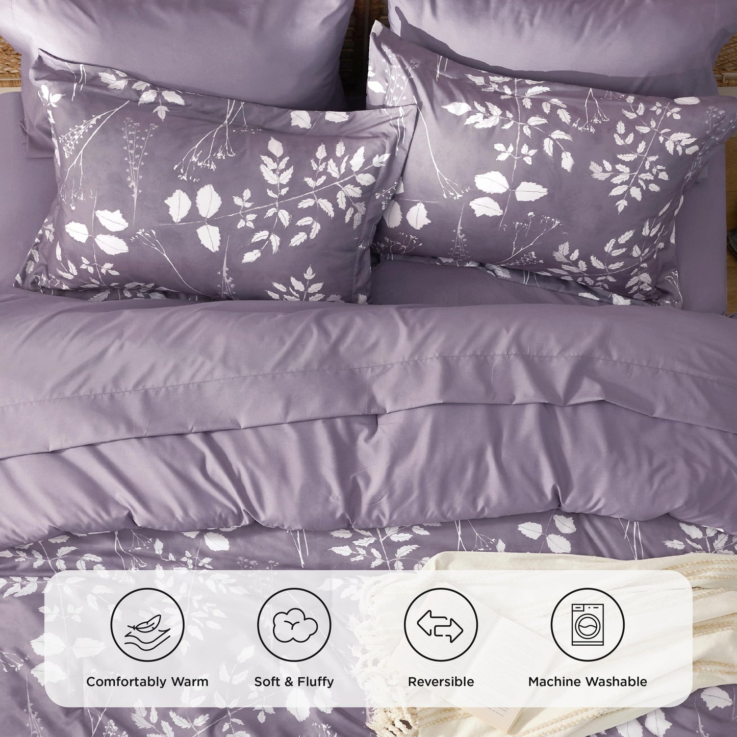 Bedsure Grayish Purple Queen Comforter Set - 7 Pieces Floral Bedding Sets Queen Bed in a Bag with Reversible Botanical Flowers Comforter, Sheets, Pillowcases & Shams