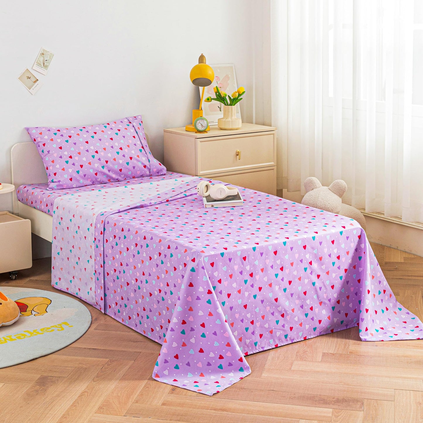 Viviland 3 Pieces Girls Purple Twin Sheet Set - Soft Microfiber Fitted Flat Sheets & Pillowcase - Colorful Hearts Printed Bedding Sets - for Kids & Toddlers
