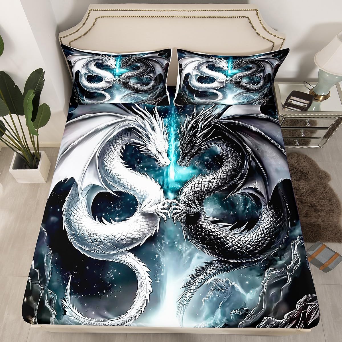 Erosebridal Dragon Twin Size Bedding Set, West Wildlife Bed Sheets Set for Teens Adult Youth Men Room, Ancient Animal Flat Fitted Sheet 3 Piece with 1 Pillowcase, Black White