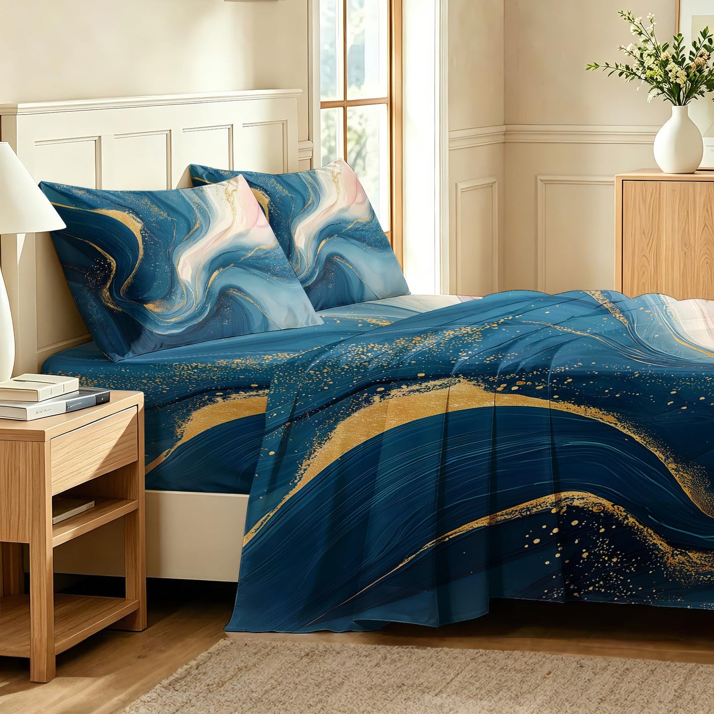 Marble Bedding Set 4 Pcs Fluid Liquid Swirl Full Sheets, Blue Gold