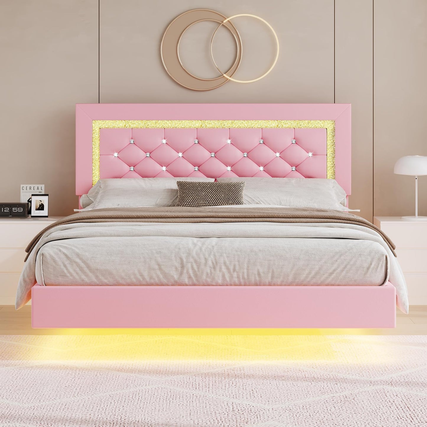 BarnFurin Floating Bed Frame Full with LED Lights, Upholstered Bed Frame with Diamond Headboard, No Box Spring Needed, Noise Free, Easy Assembly, Pink
