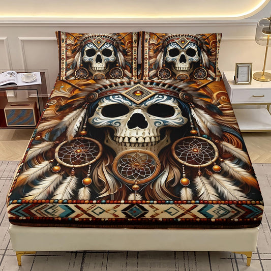 AILONEN Goth Skull Fitted Sheet Set Queen Size,Native American Bedding Set for Room Decor,Ethnic Feather Print Bed Sheets with 2 Pillowcases,3Pcs