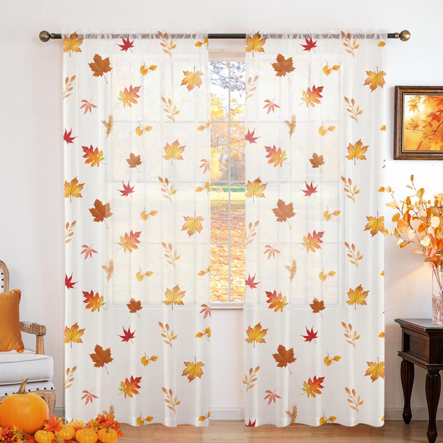 youleyar Fall Sheer Curtains for Living Room 63 Inches Long 2 Panels Orange Semi-Sheer Curtain with Maple Leaves Printed Pattern Fall Rod Pocket Voile Drapes for Bedroom, 52" W x 63" L
