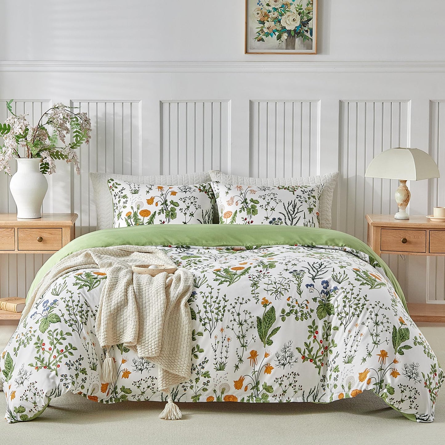 Lekesky King Size Duvet Cover Set, Lightweight Soft Microfiber Comforter Cover, Reversible Duvet Cover King with Floral Pattern, 3 Pieces Green Bedding Set with Zipper and 2 Pillowcases