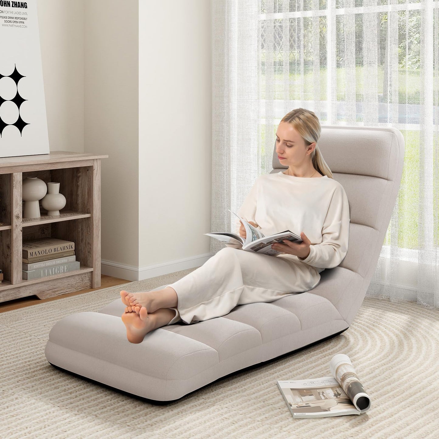 KOMFOTT Foldable Floor Lazy Sofa with Pillow, Indoor Chaise Lounge with 5 Adjustable Positions, Adjustable Back Support & Footrest, Video Gaming Chair for Home, Office, Reading, Watching (Beige)