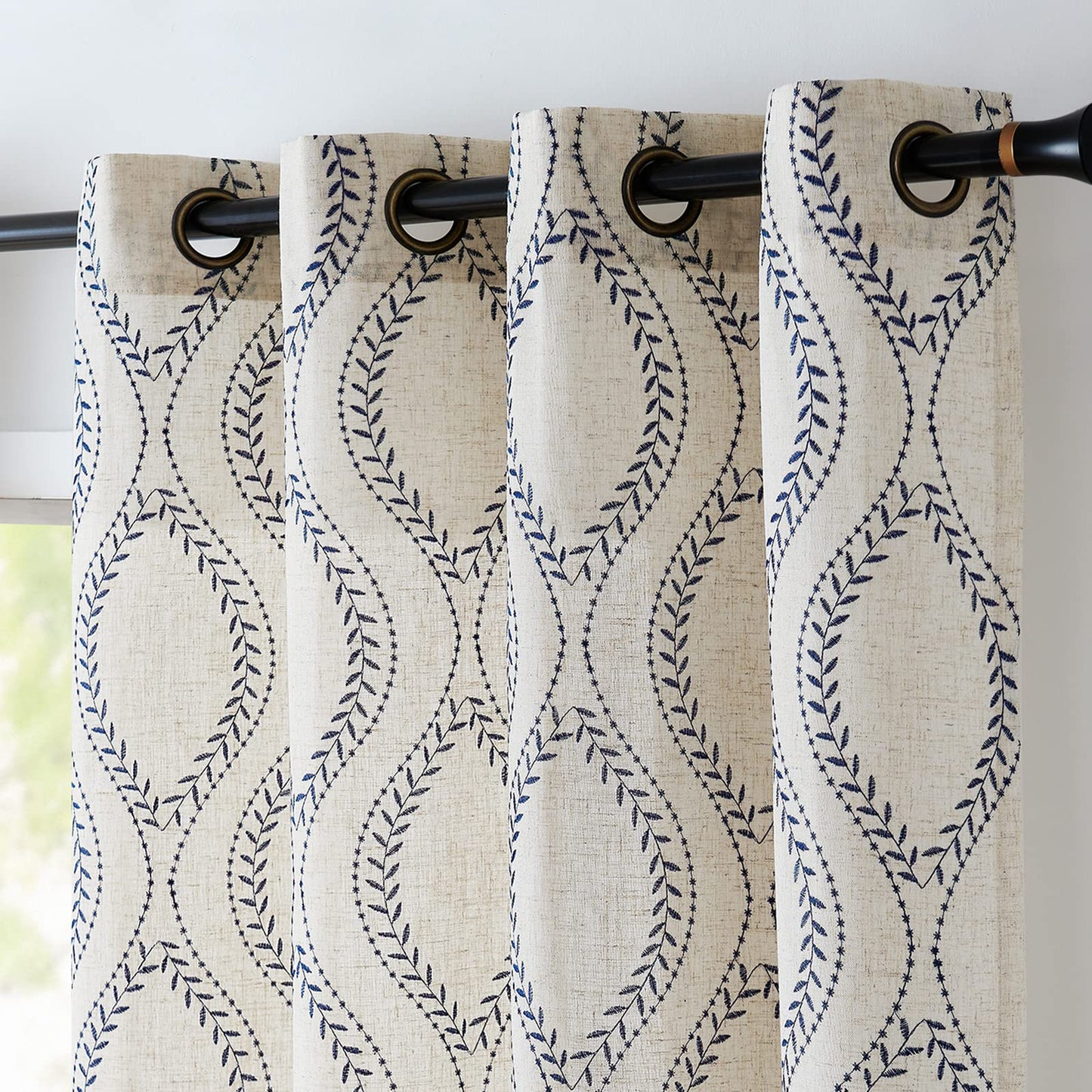 jinchan Boho Linen Blend Beige Farmhouse Curtains 84 Inch Length 2 Panels Set Blue Embroidered Leaf Living Room Ogee Geometry Drapes Light Filtering Curtains Grommet Blue on Flax