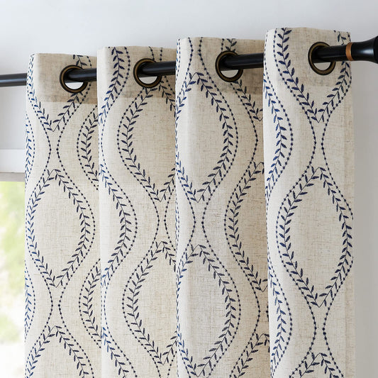 jinchan Boho Linen Blend Beige Farmhouse Curtains 84 Inch Length 2 Panels Set Blue Embroidered Leaf Living Room Ogee Geometry Drapes Light Filtering Curtains Grommet Blue on Flax