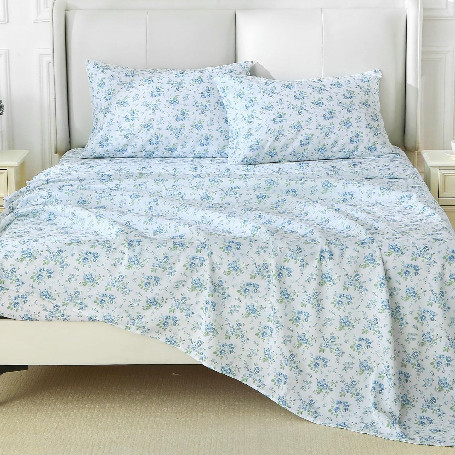 MUXHOMO Queen Size 4 Piece Sheet Set, Soft Breathable Bed Sheet Set for Bedroom with Deep Pocket Up to 16", Wrinkle-Free & Cooling Bedding for Oeko-TEX Certified - Blossoms Light Blue