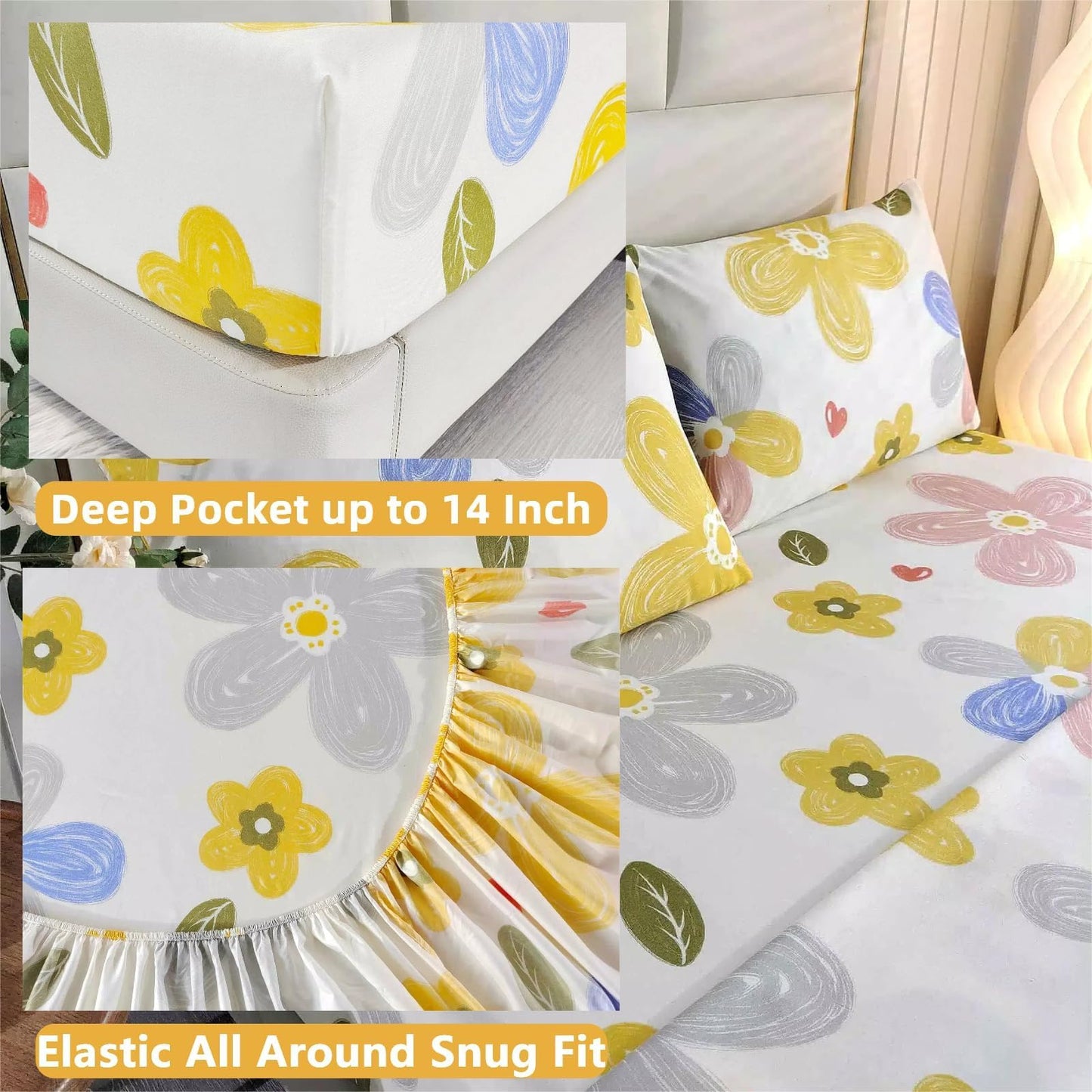 SDIII 4 Pieces Yellow Floral Sheets Set Full, Soft Microfiber Floral Bed Sheets Full Size Deep Pocket, Cute Flower Bedding Sheet for All Season