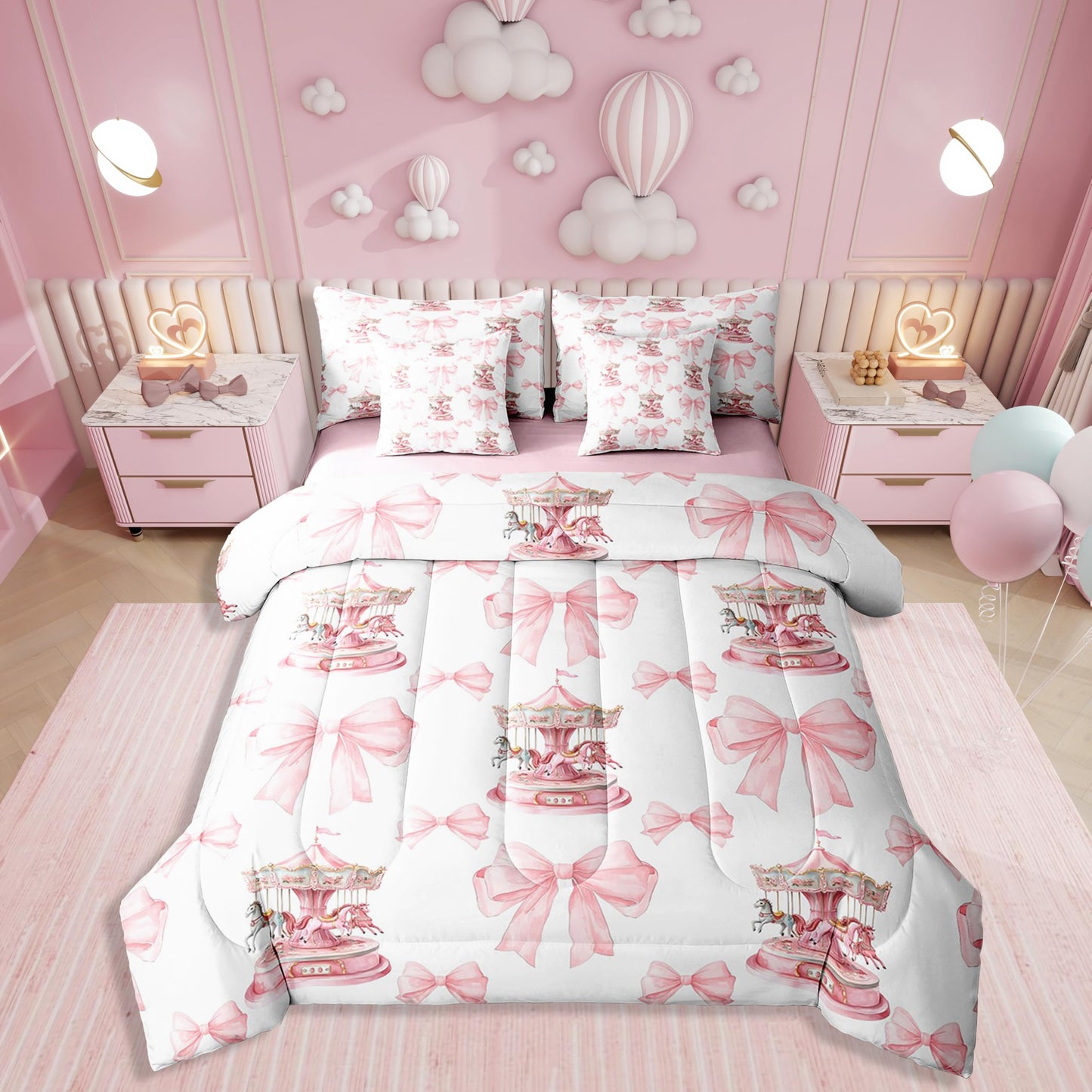 Erosebridal 7 Piece Girls Pink Princess Kids Comforter Set King Bed in a Bag,Romantic Bowknot Carousel Bedding Set for Kids Children,Dreamy Bows Duvet Insert,Cartoon Horse Geometric Sheet Set