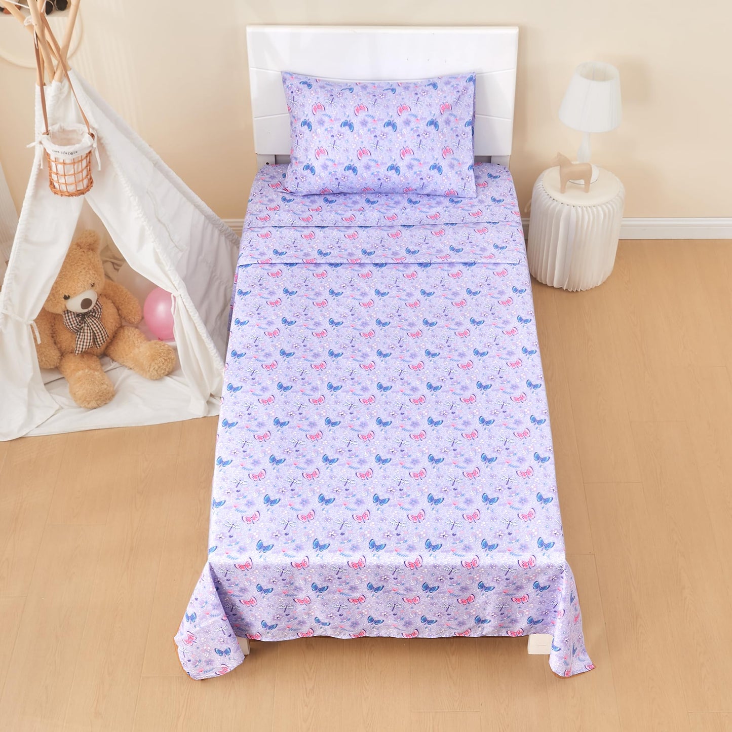 lasoftan Kids Sheet Set Twin Size 3 Pcs, Girls Sheet Set with Floral Butterfly Pattern，Kids Twin Fitted Sheet，Breathable & Silky Soft Microfiber Fitted Sheet