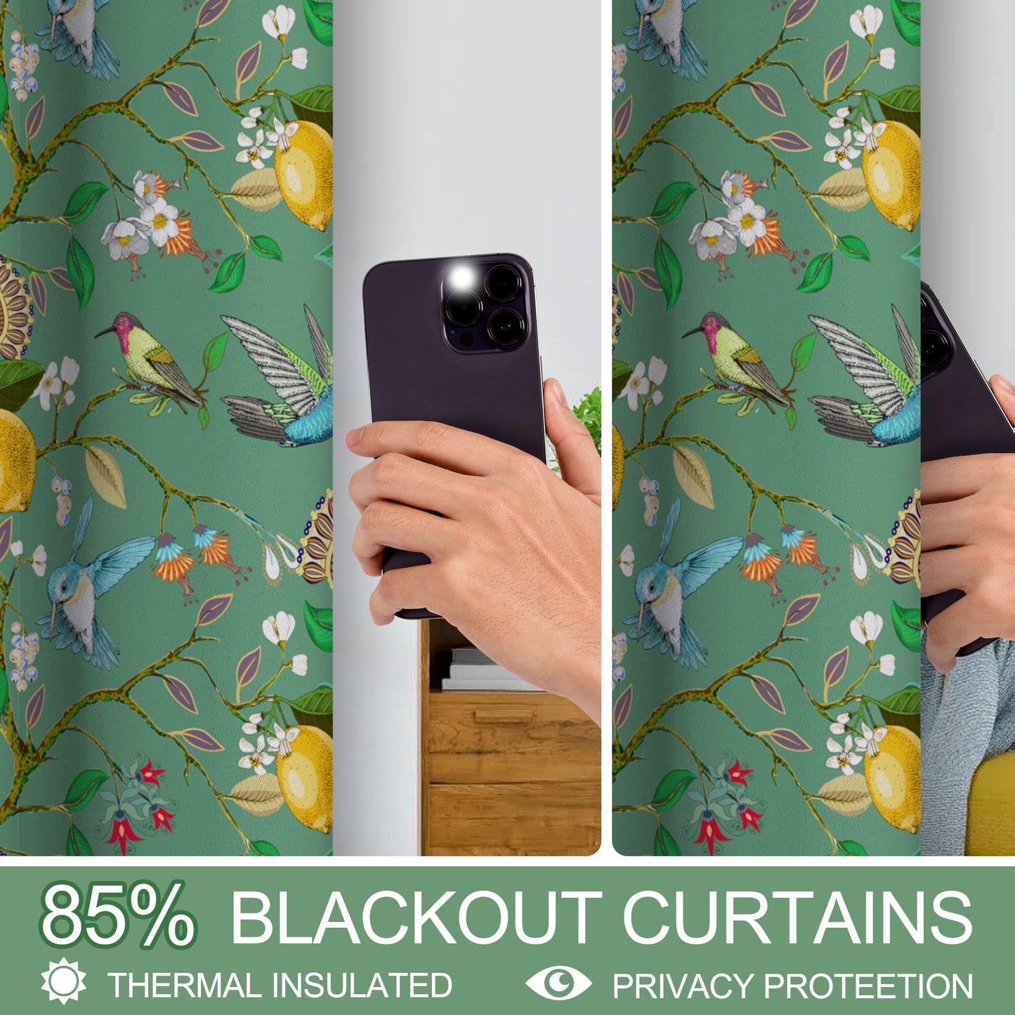 cusugbaso Floral Blackout Curtains 84 Inch Length 2 Panels, Sage Green Hummingbird Branch Vintage French Country Light Blocking Thermal Insulated Drapes with Grommet for Bedroom, Bathroom, Livingroom